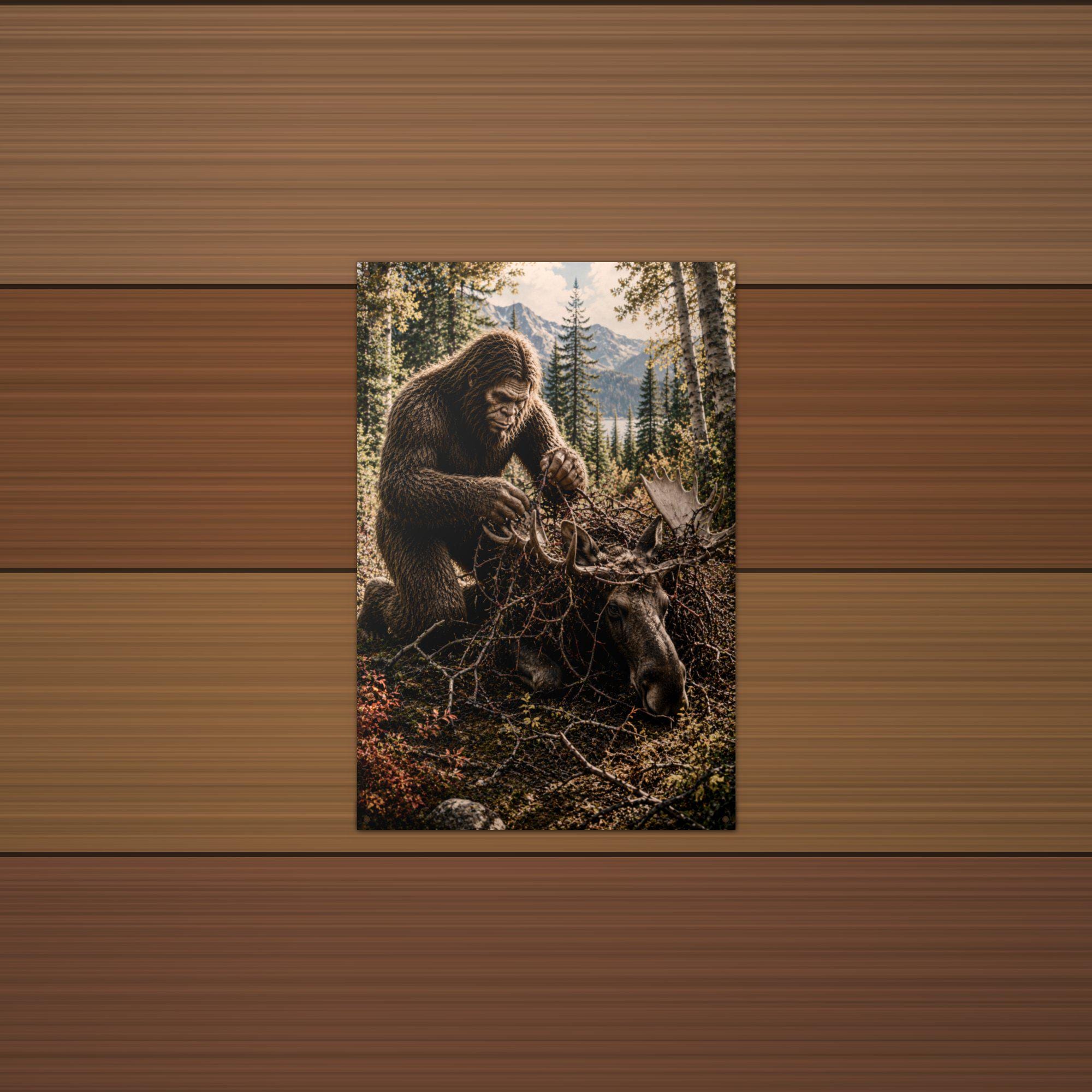 Bigfoot Rescuing Moose Metal Sign Bigfoot Aluminum Sign — detail view