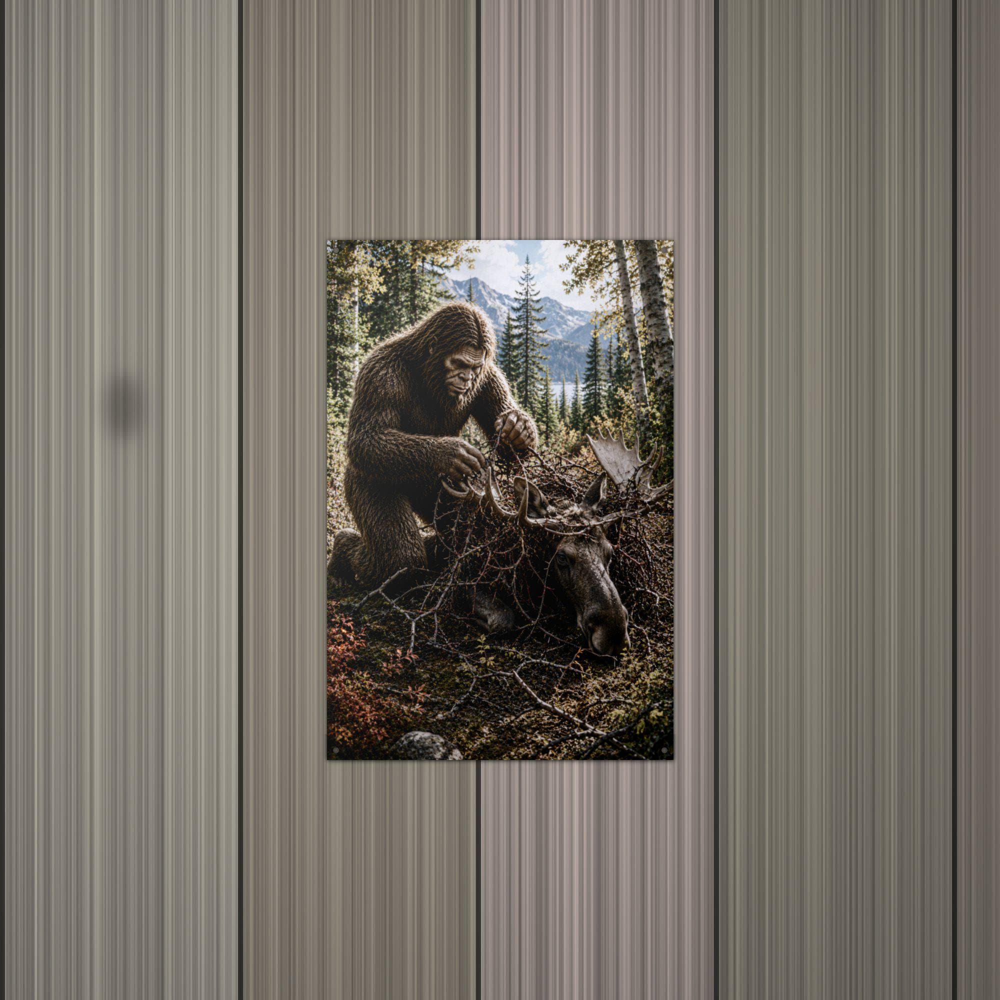 Bigfoot Rescuing Moose Metal Sign Bigfoot Aluminum Sign — alternate angle