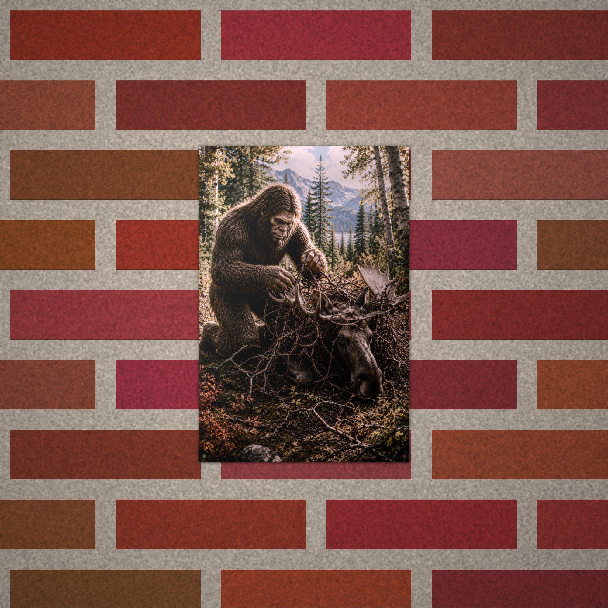 Bigfoot Rescuing Moose Metal Sign Bigfoot Aluminum Sign — alternate angle