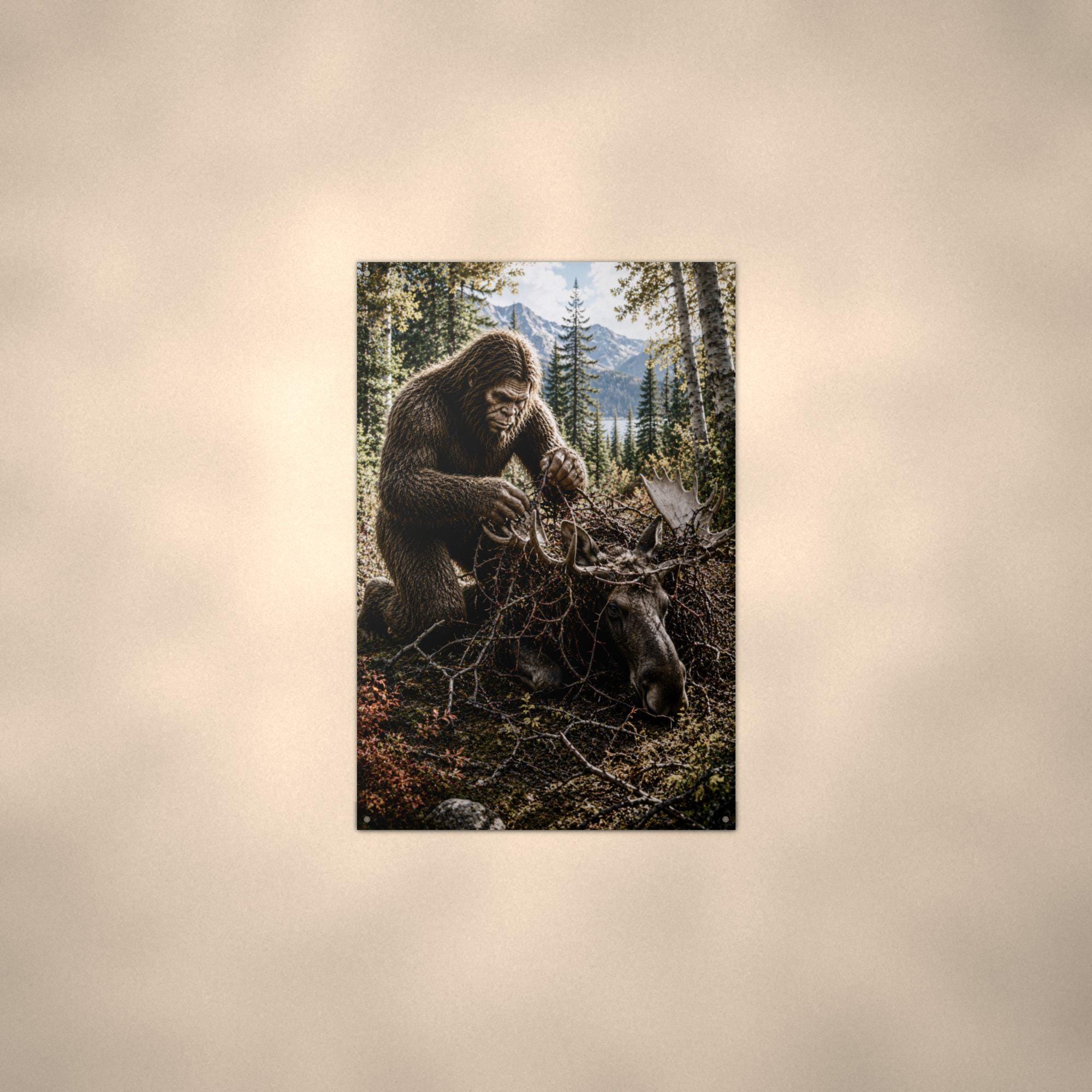 Bigfoot Rescuing Moose Metal Sign Bigfoot Aluminum Sign — alternate angle