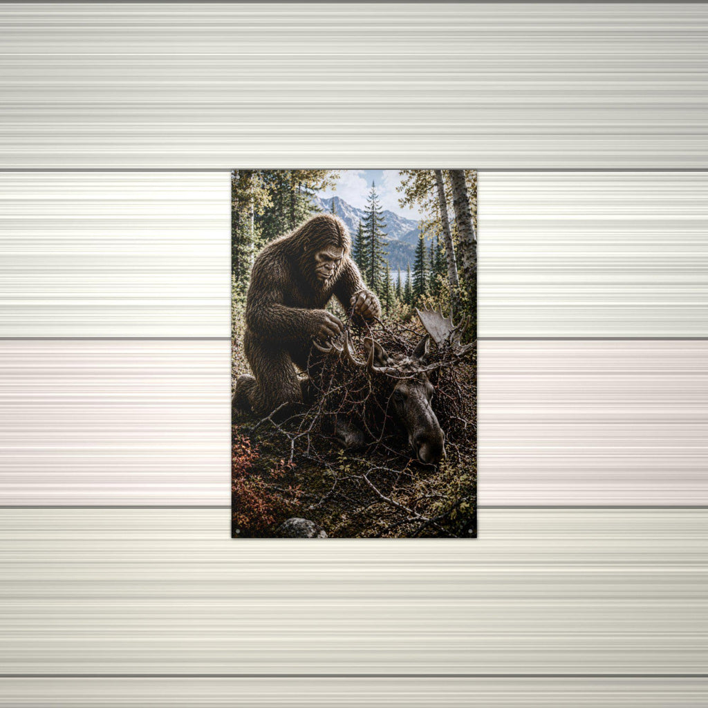 Bigfoot Rescuing Moose Metal Sign Bigfoot Aluminum Sign — alternate angle