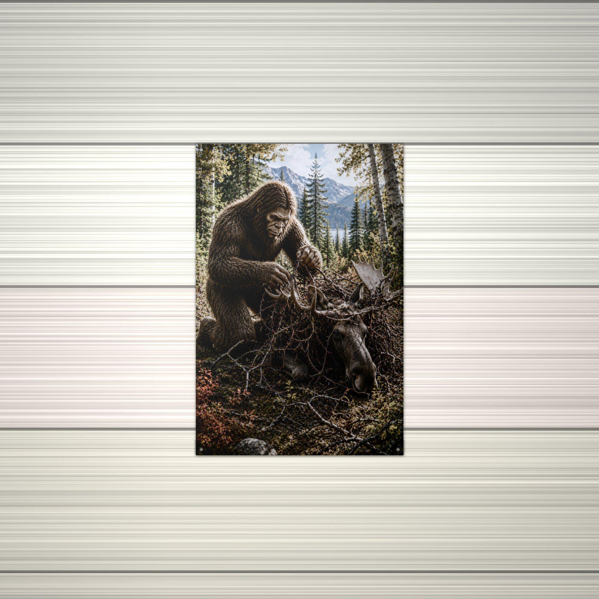 Bigfoot Rescuing Moose Metal Sign Bigfoot Aluminum Sign — alternate angle