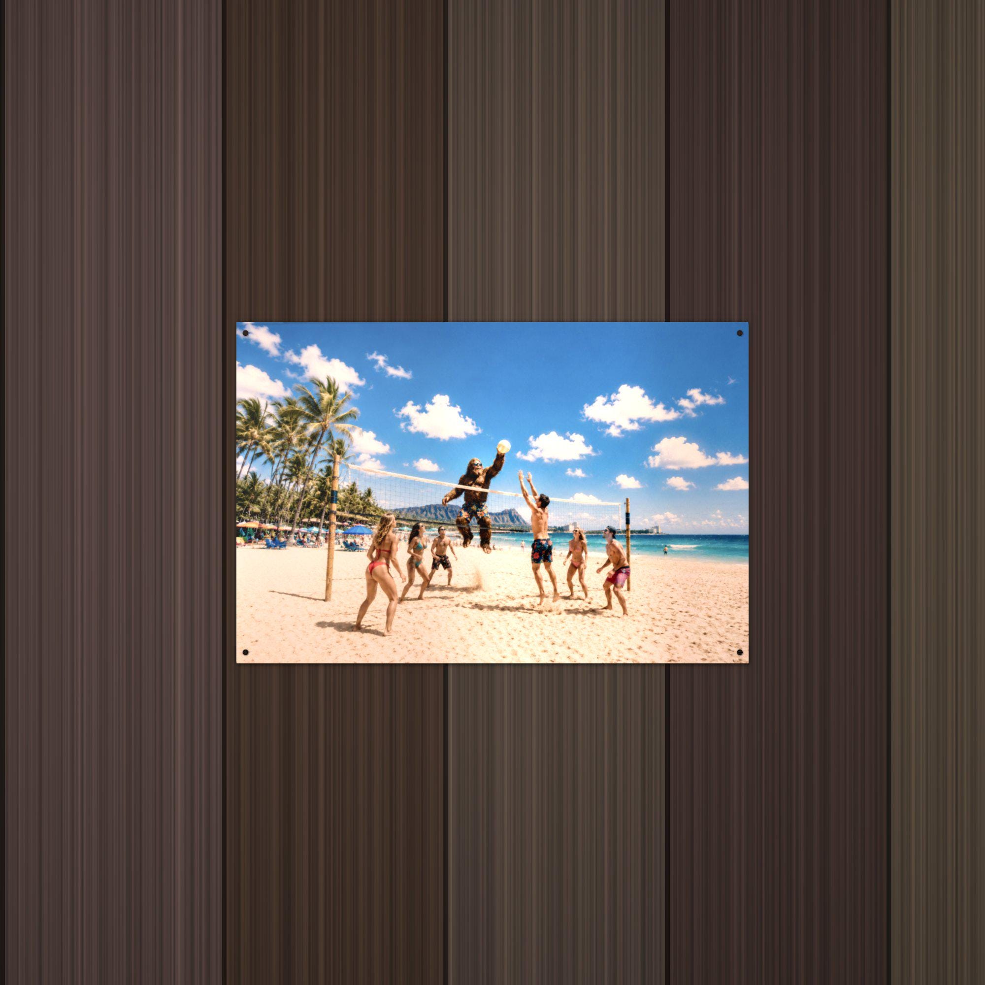 Beach Volleyball Bigfoot Metal Sign Bigfoot Aluminum Sign — lifestyle setting