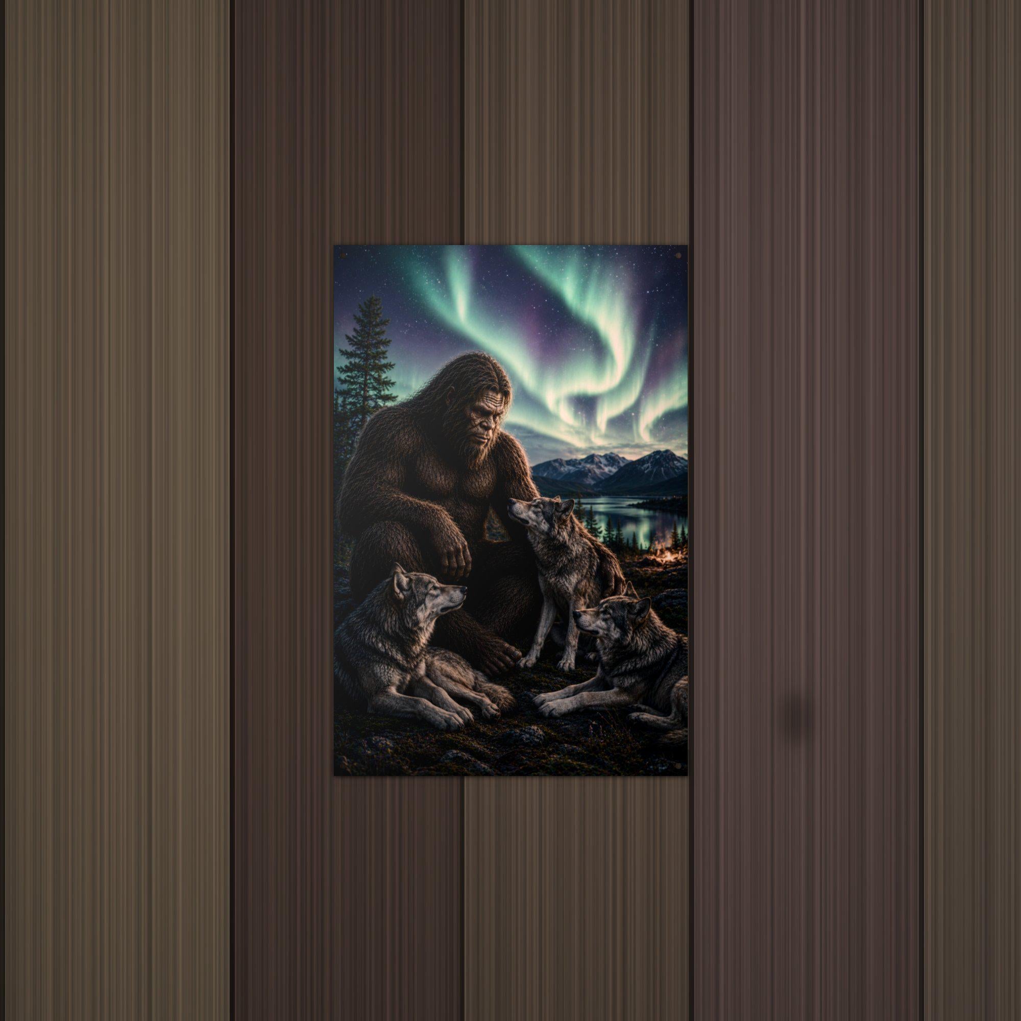 Wolf Pack Aurora Bigfoot Metal Sign Bigfoot Aluminum Sign — lifestyle setting