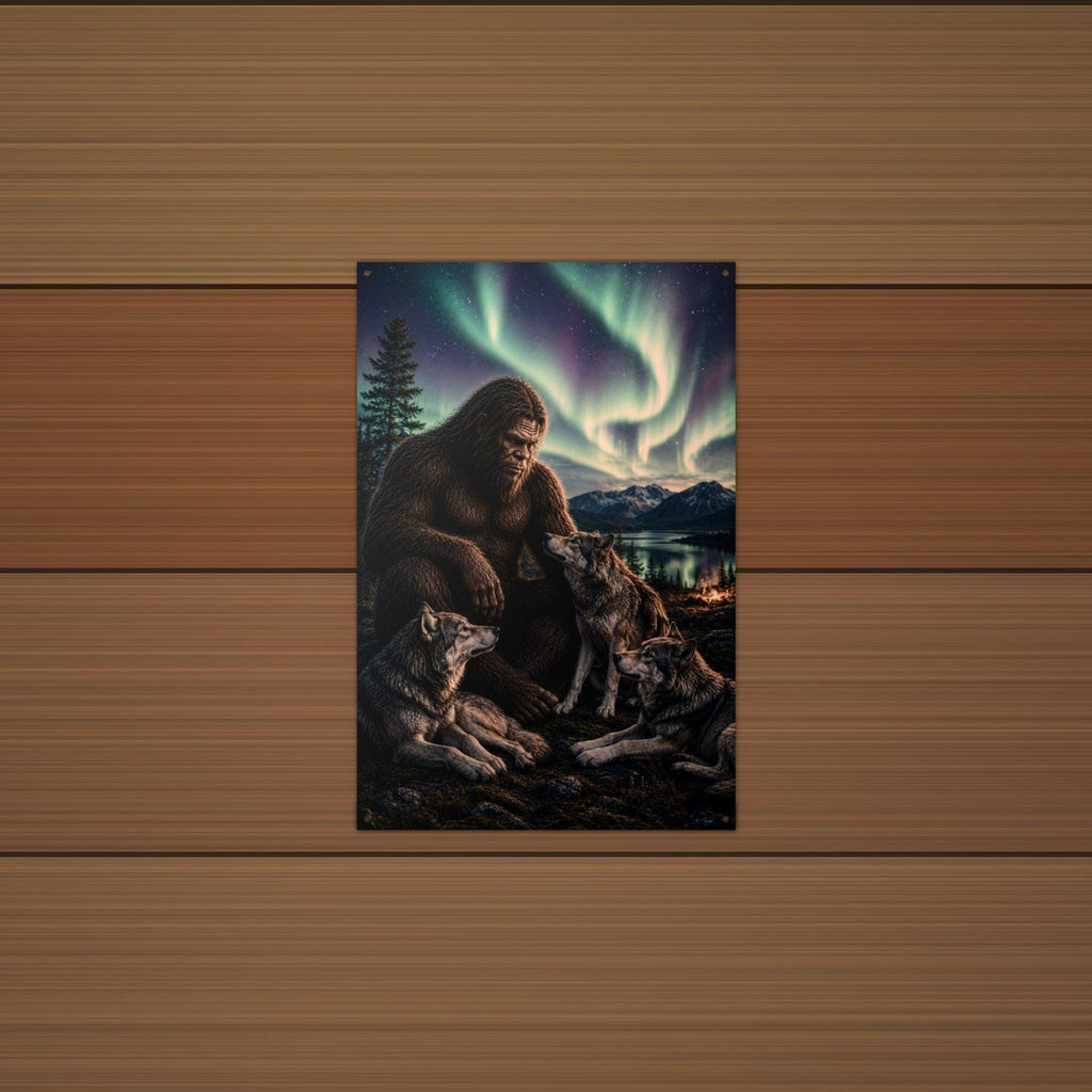 Wolf Pack Aurora Bigfoot Metal Sign Bigfoot Aluminum Sign — detail view