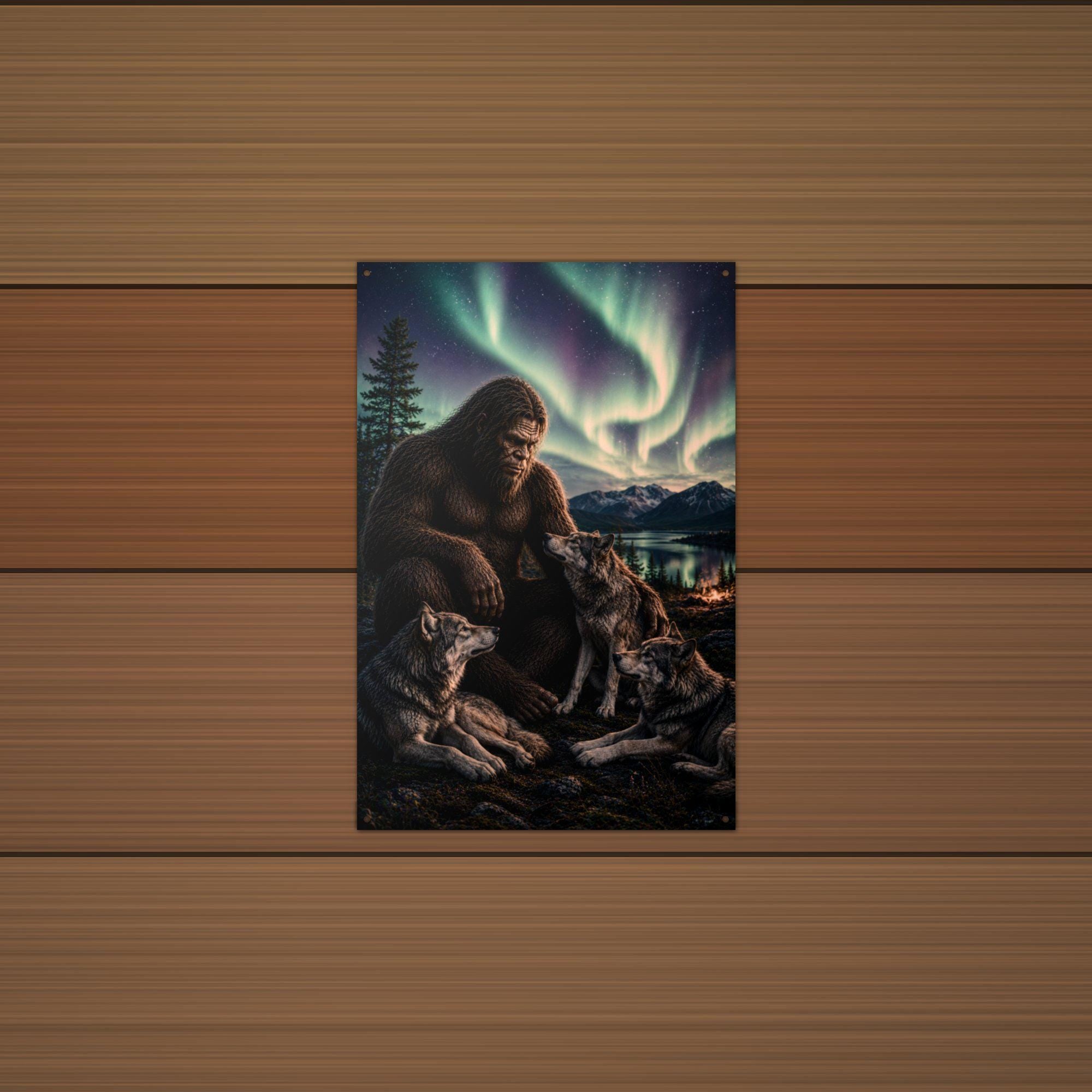 Wolf Pack Aurora Bigfoot Metal Sign Bigfoot Aluminum Sign — detail view