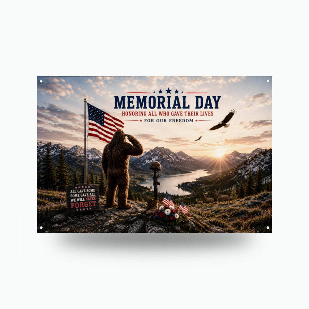 Memorial Day Bigfoot Metal Sign Bigfoot Aluminum Sign — front view on white background