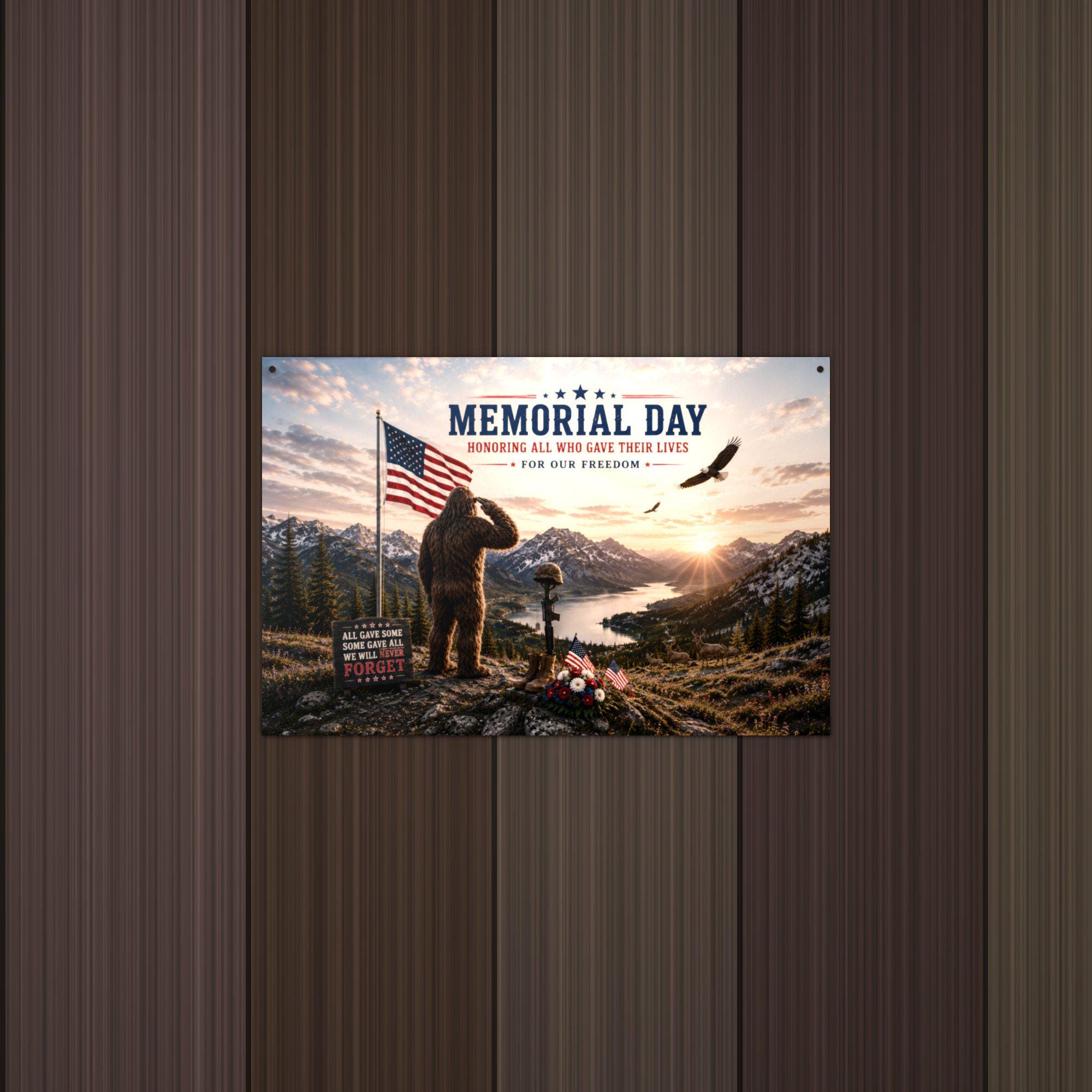 Memorial Day Bigfoot Metal Sign Bigfoot Aluminum Sign — lifestyle setting