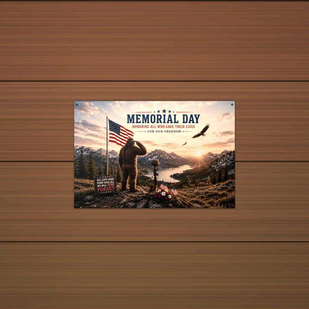 Memorial Day Bigfoot Metal Sign Bigfoot Aluminum Sign — detail view