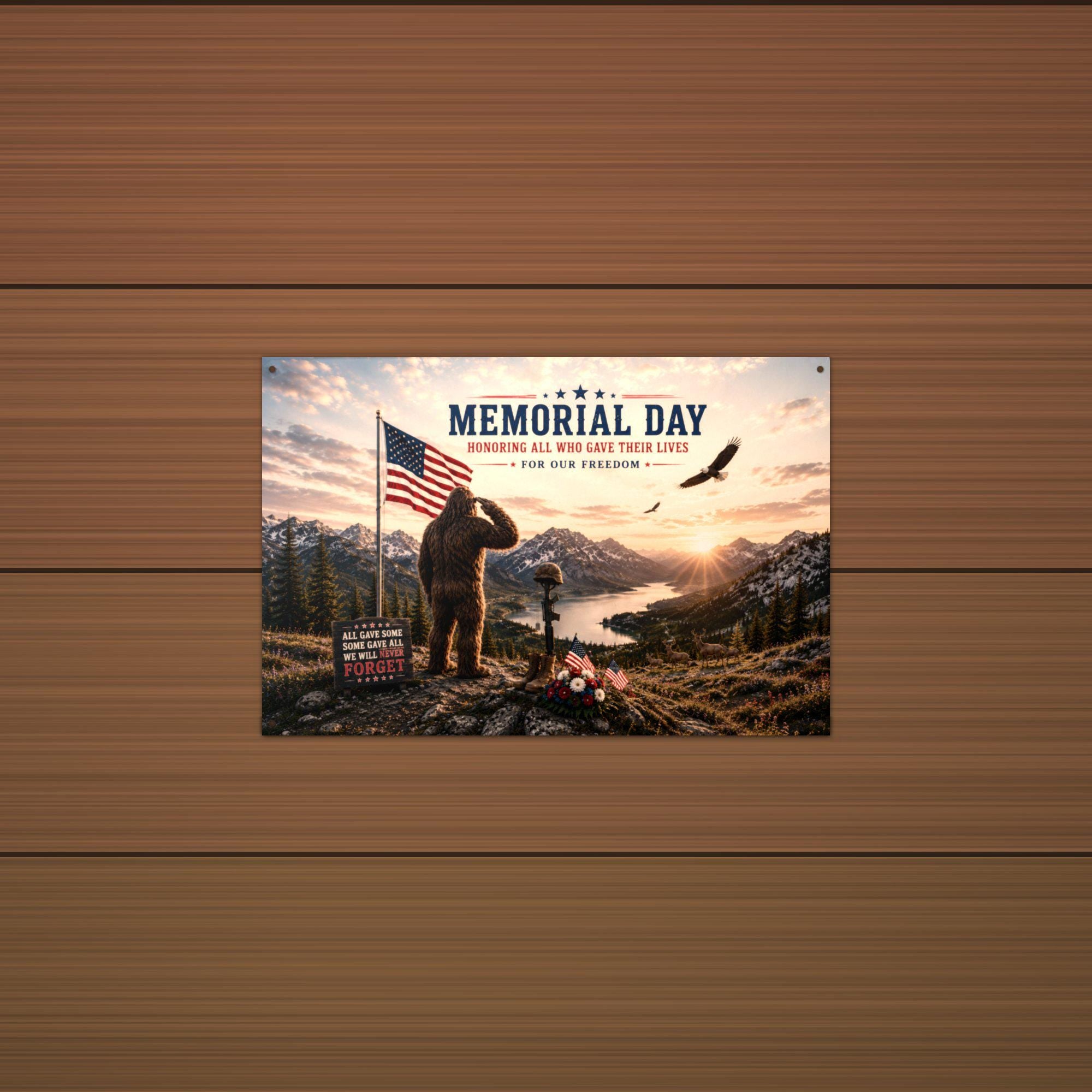 Memorial Day Bigfoot Metal Sign Bigfoot Aluminum Sign — detail view