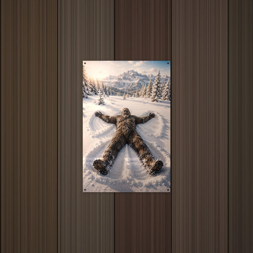 Snow Angel Bigfoot Metal Sign Bigfoot Aluminum Sign — lifestyle setting
