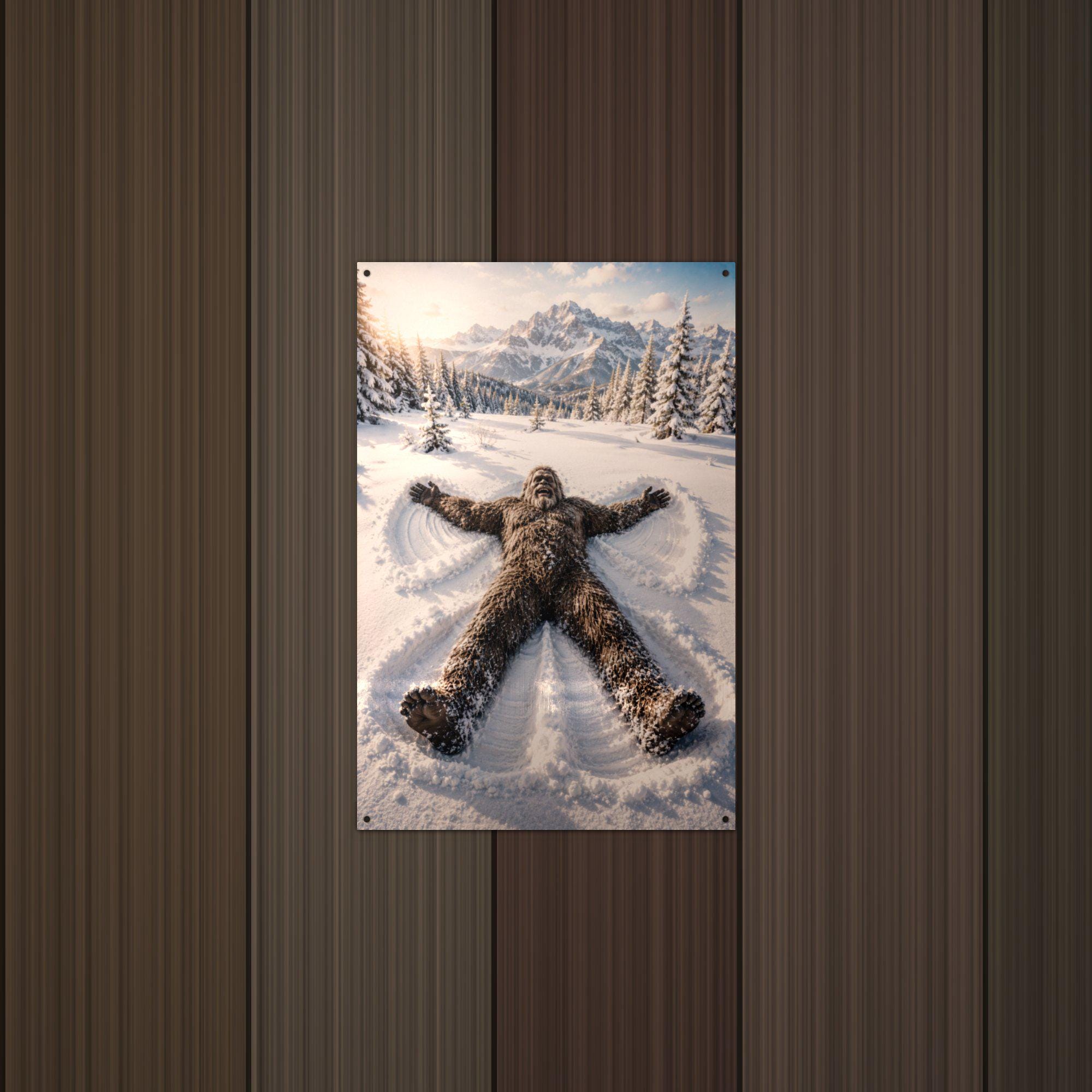 Snow Angel Bigfoot Metal Sign Bigfoot Aluminum Sign — lifestyle setting
