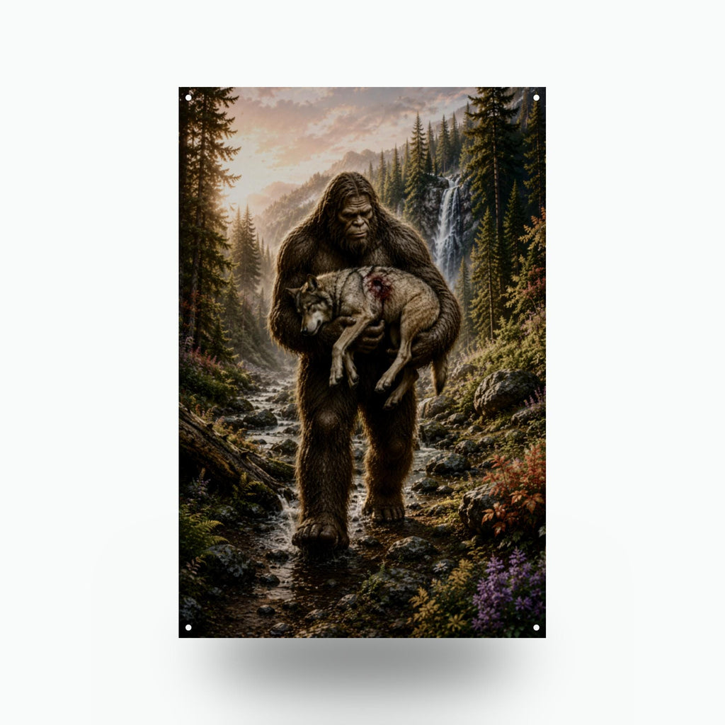 Wolf Pup Rescue Bigfoot Metal Sign Bigfoot Aluminum Sign — front view on white background