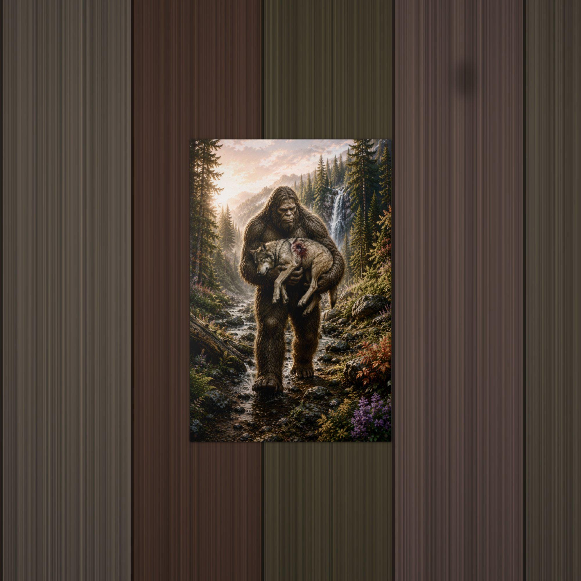 Wolf Pup Rescue Bigfoot Metal Sign Bigfoot Aluminum Sign — lifestyle setting