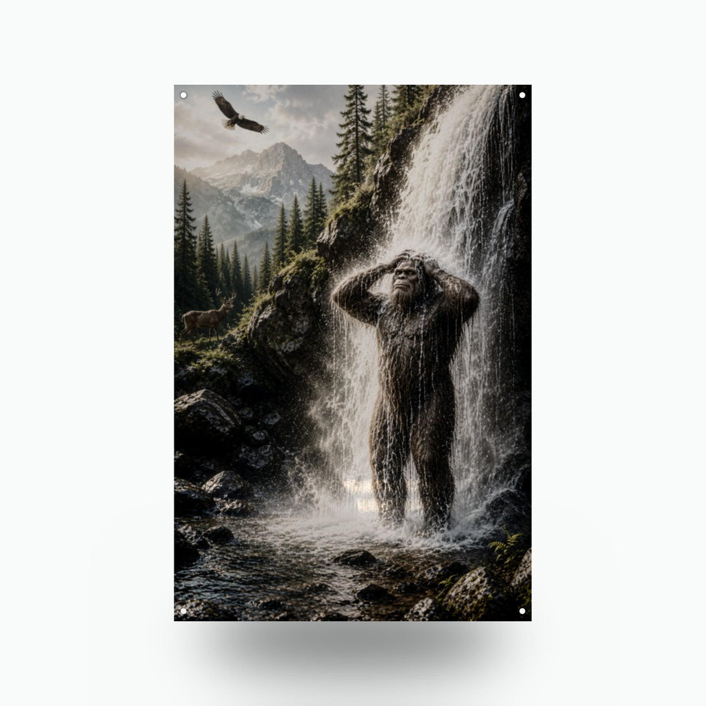 Waterfall Shower Bigfoot Metal Sign Bigfoot Aluminum Sign — front view on white background