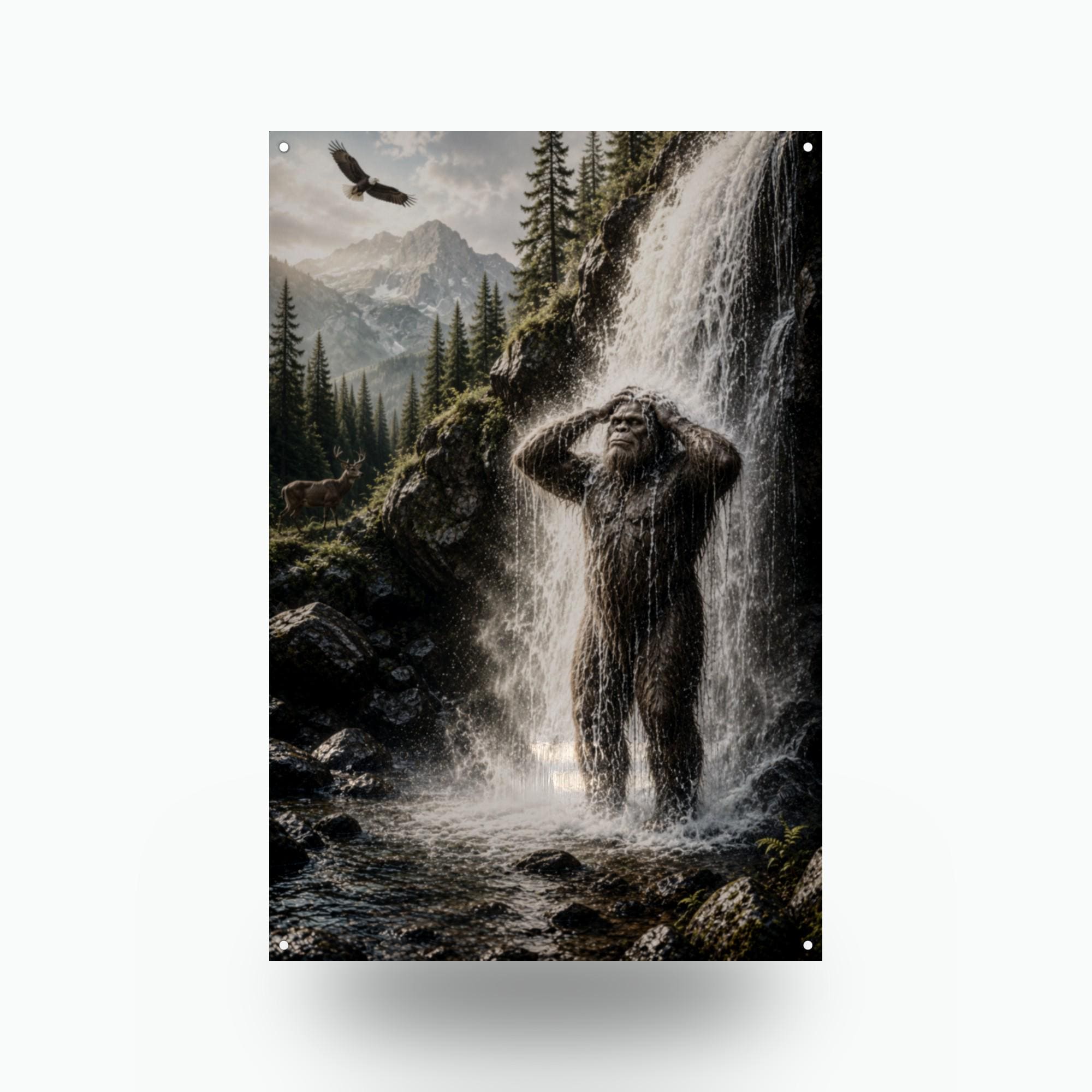 Waterfall Shower Bigfoot Metal Sign Bigfoot Aluminum Sign — front view on white background