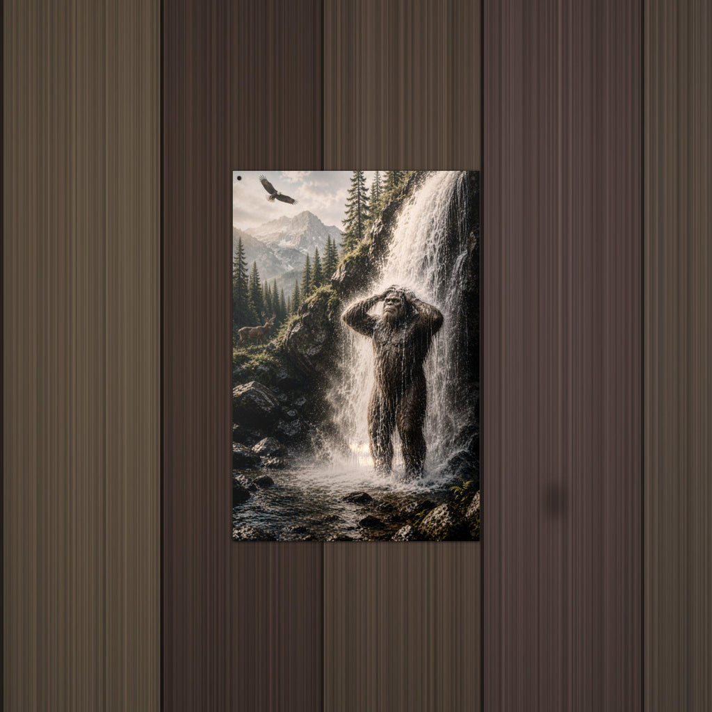 Waterfall Shower Bigfoot Metal Sign Bigfoot Aluminum Sign — lifestyle setting