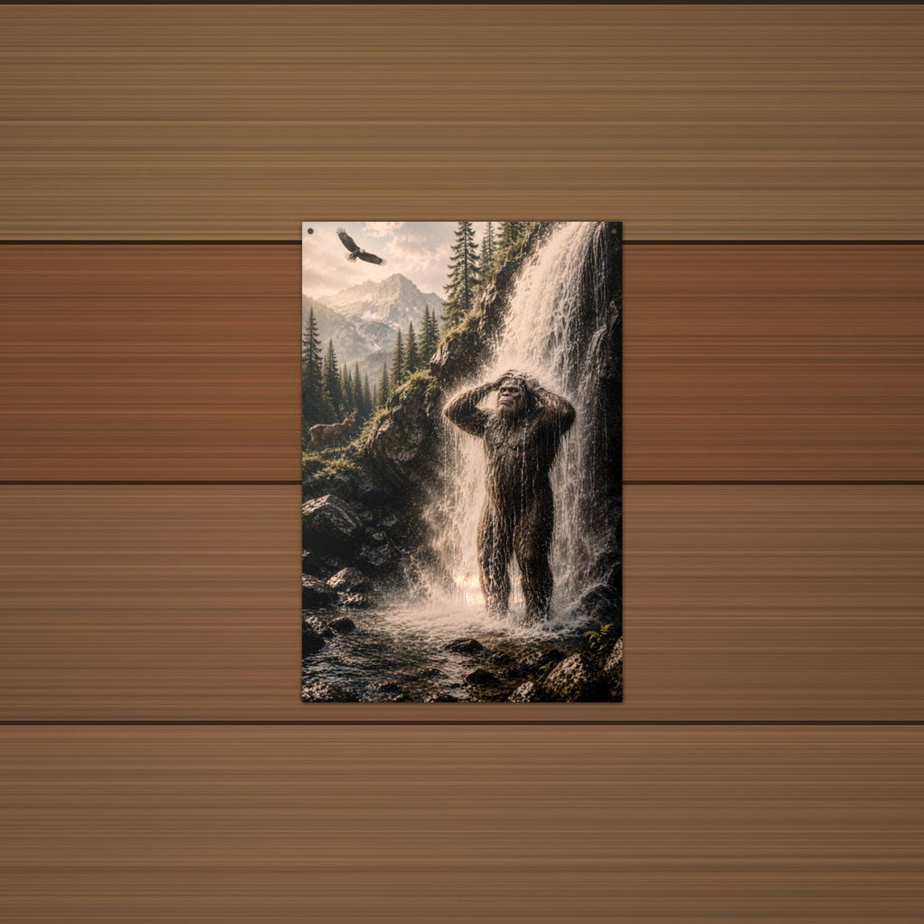 Waterfall Shower Bigfoot Metal Sign Bigfoot Aluminum Sign — detail view