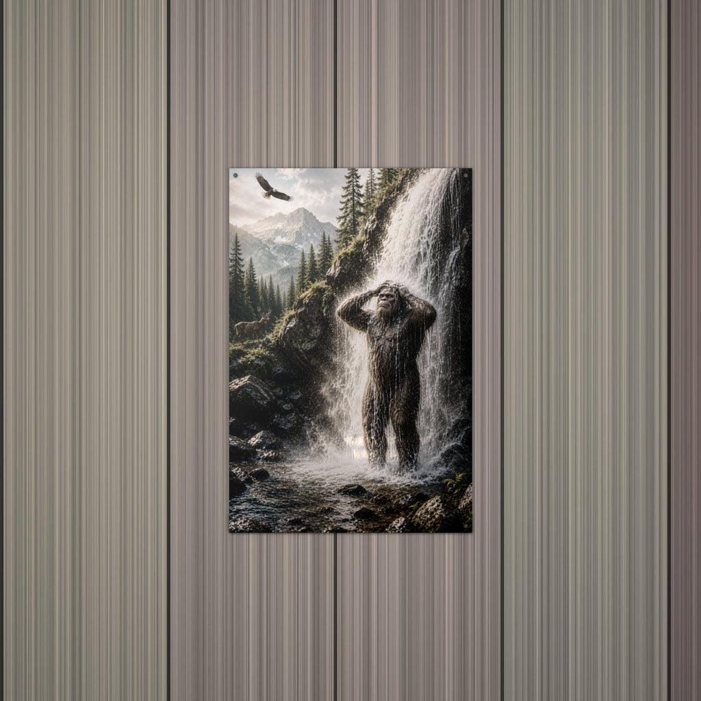 Waterfall Shower Bigfoot Metal Sign Bigfoot Aluminum Sign — alternate angle