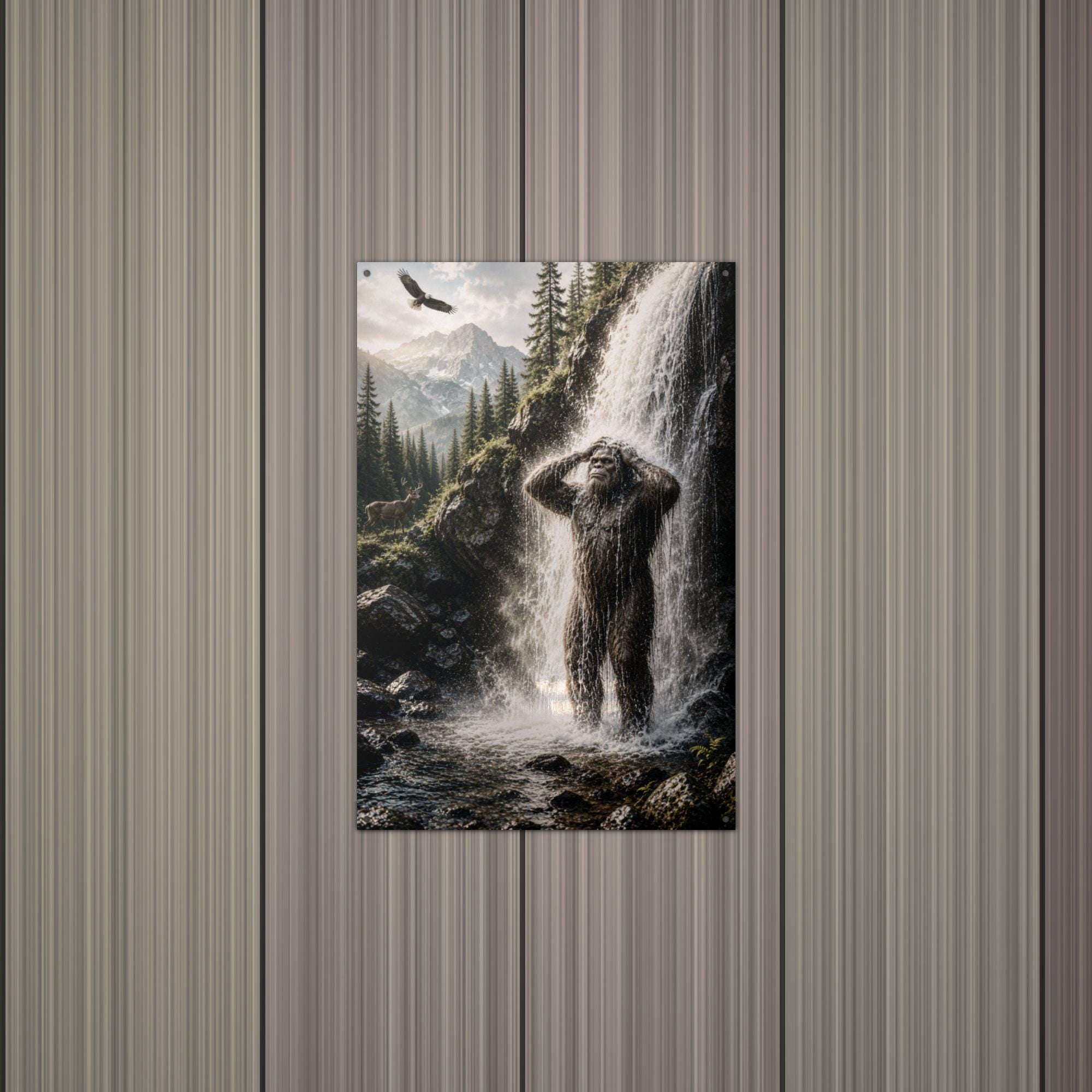 Waterfall Shower Bigfoot Metal Sign Bigfoot Aluminum Sign — alternate angle