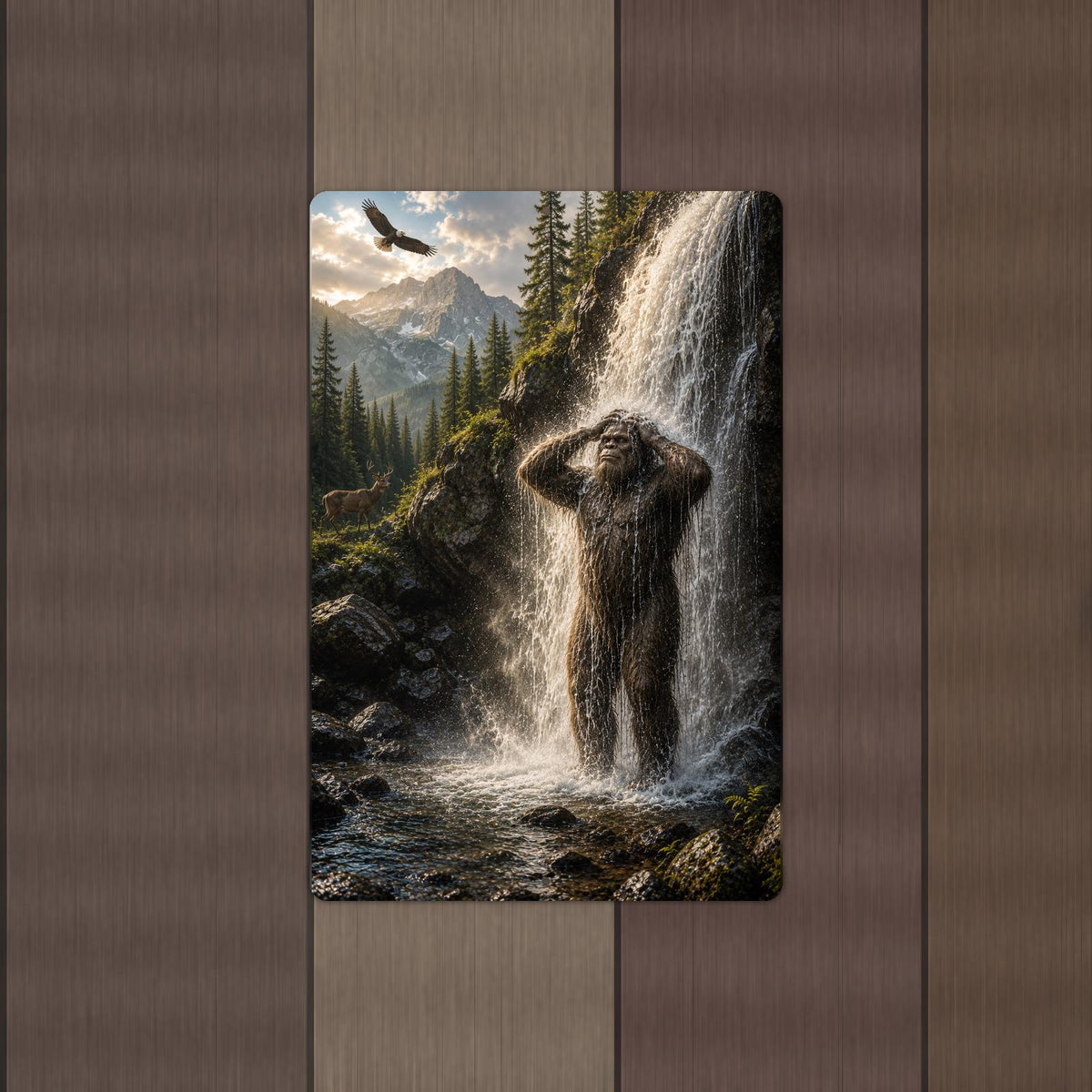 Bigfoot Waterfall Shower Metal Art Sign printed edge to edge on a .032 inch aluminum sign with two mounting holes centred on the short edges, shown hanging on a wall