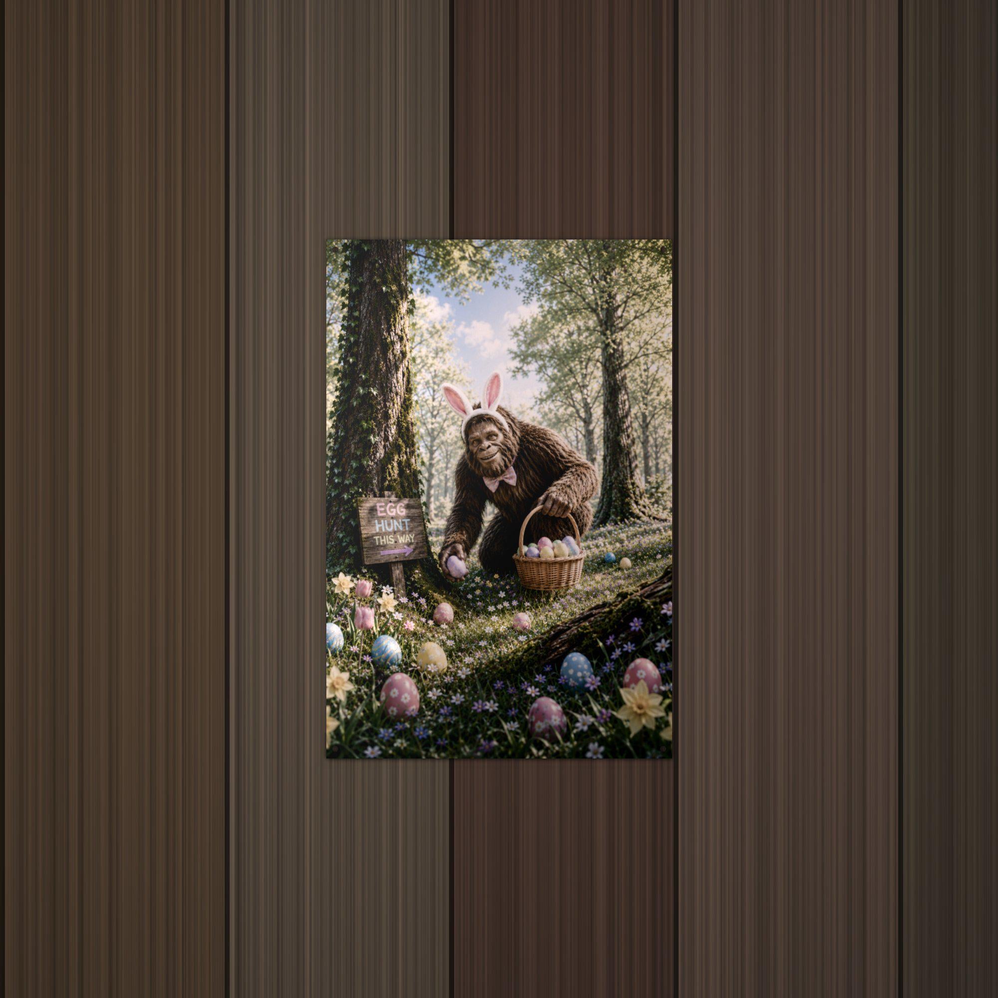 Easter Bigfoot Metal Sign Bigfoot Aluminum Sign — lifestyle setting