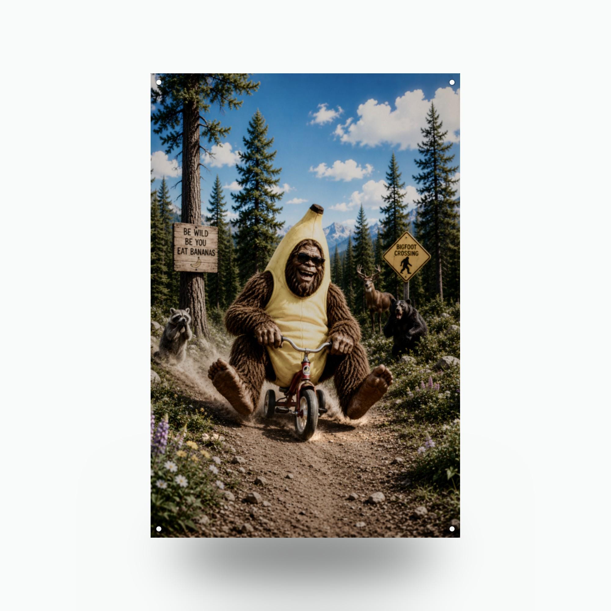 Banana Bike Bigfoot Metal Sign Bigfoot Aluminum Sign — front view on white background