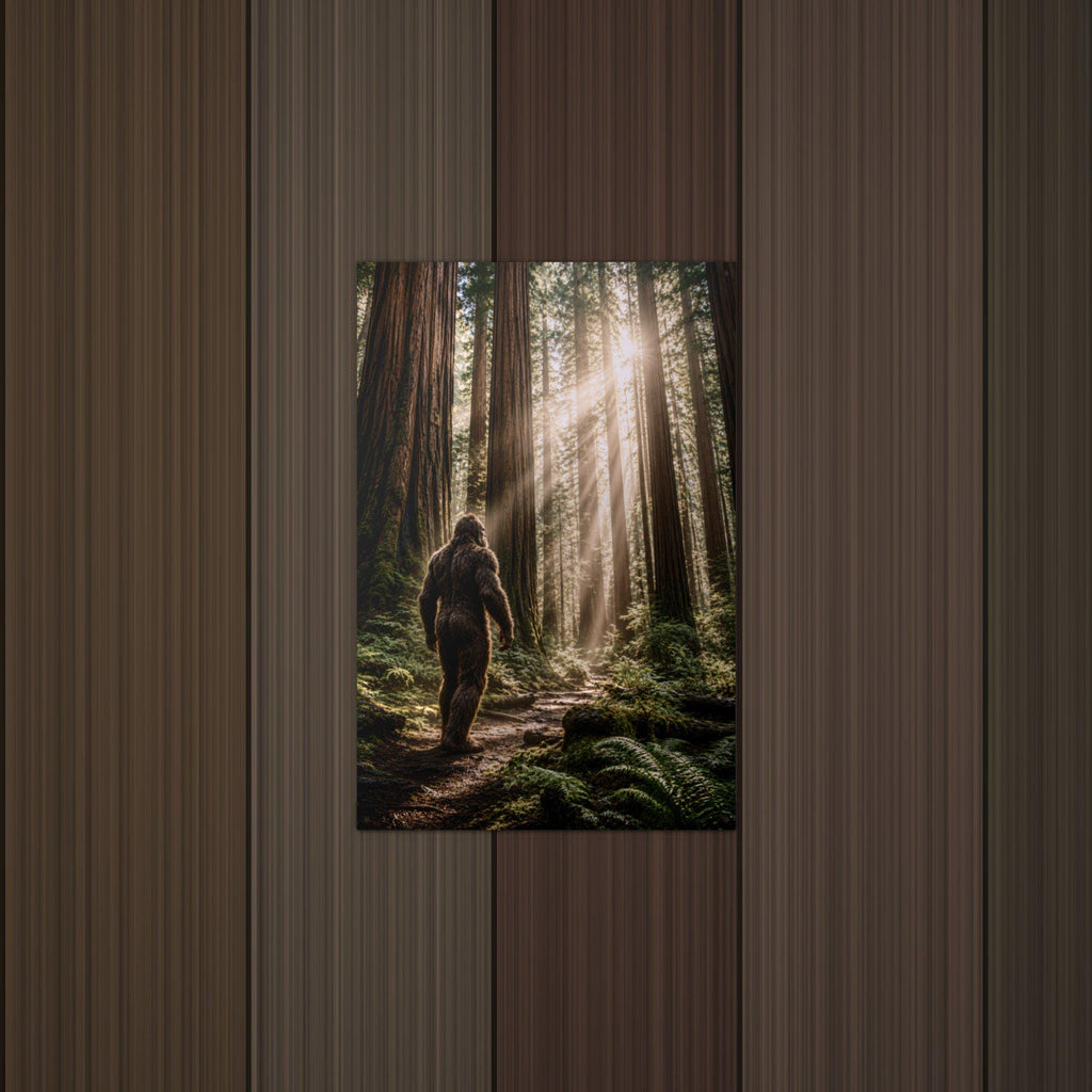 Redwood Wanderer Bigfoot Metal Sign Bigfoot Aluminum Sign — lifestyle setting