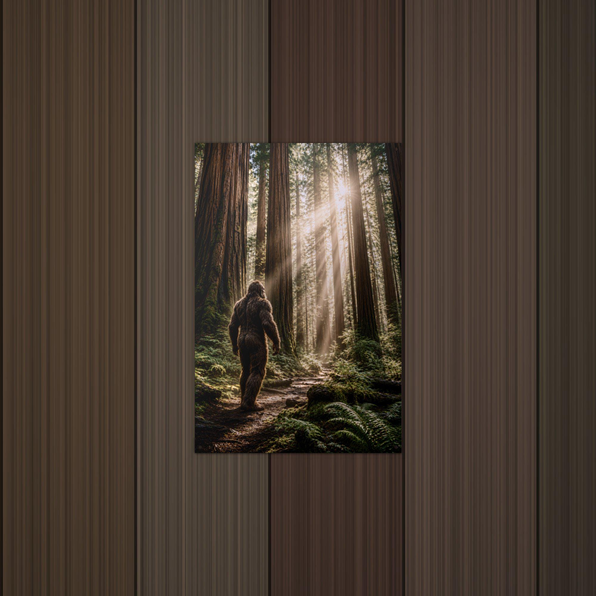 Redwood Wanderer Bigfoot Metal Sign Bigfoot Aluminum Sign — lifestyle setting