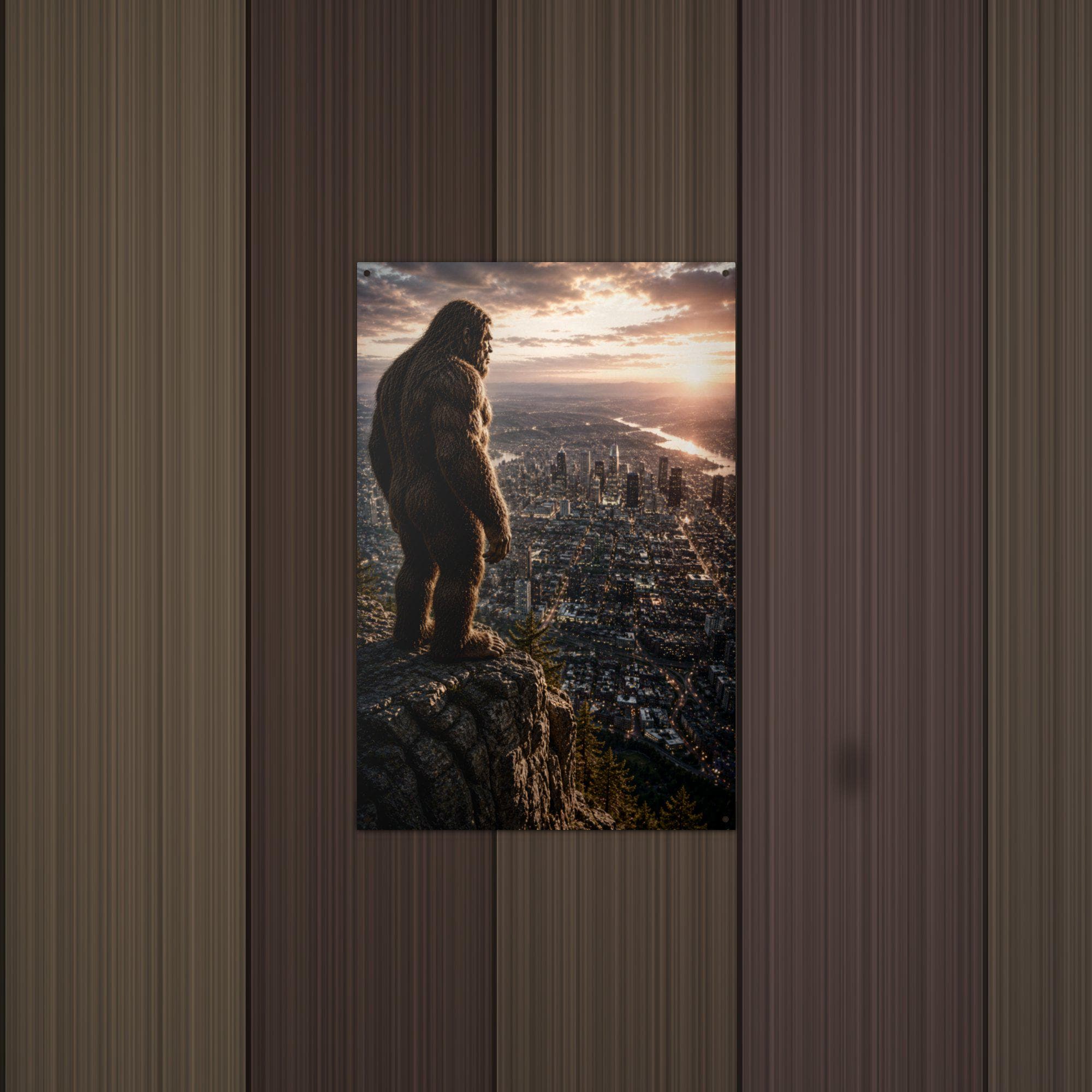 City Lights Bigfoot Metal Sign Bigfoot Aluminum Sign — lifestyle setting