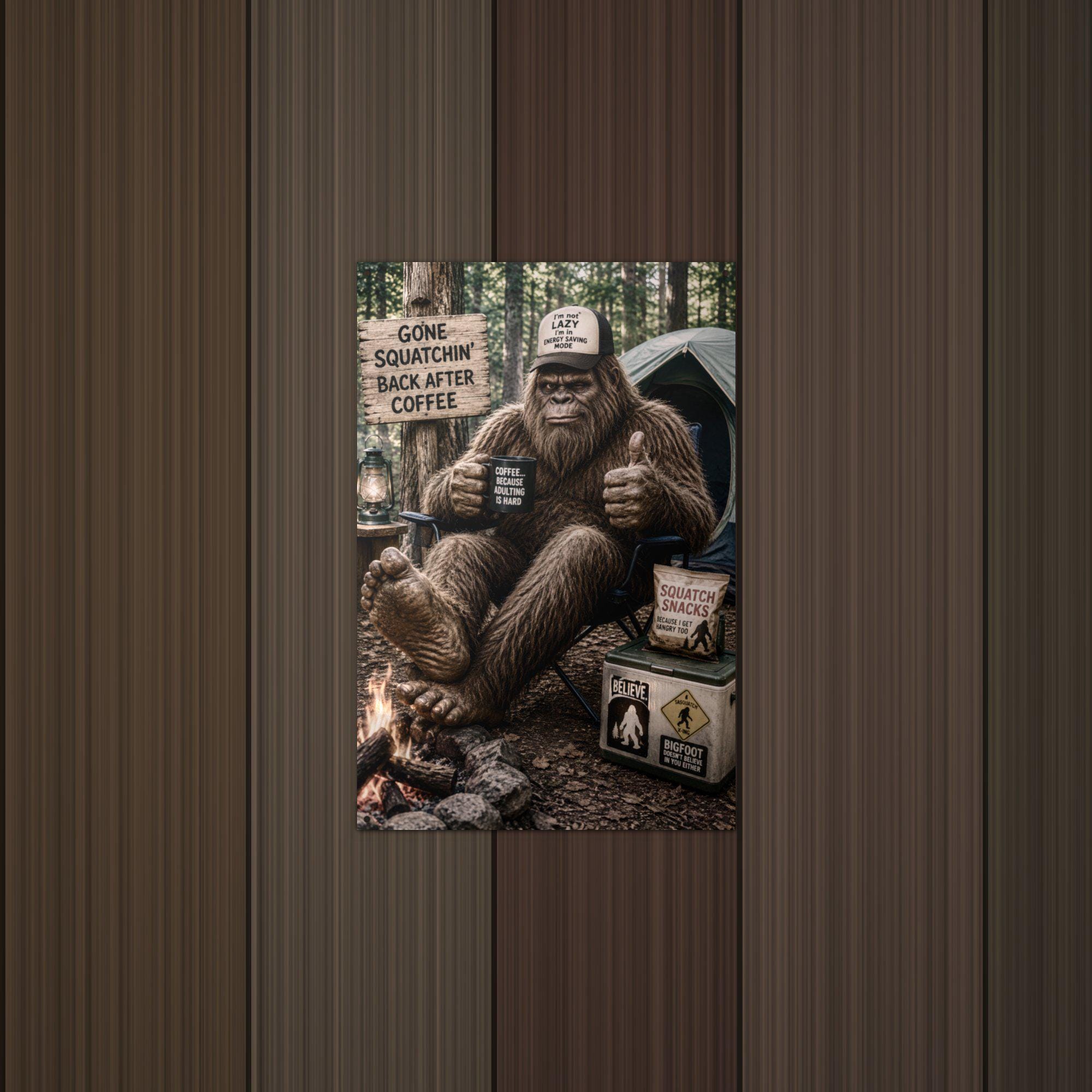 Gone Squatchin Coffee Bigfoot Metal Sign Bigfoot Aluminum Sign — lifestyle setting