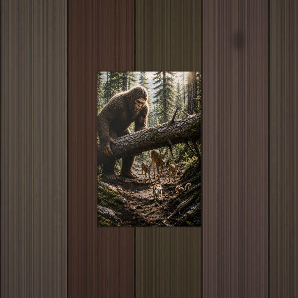 Bigfoot Lifting Fallen Log for Deer Metal Sig Bigfoot Aluminum Sign — lifestyle setting
