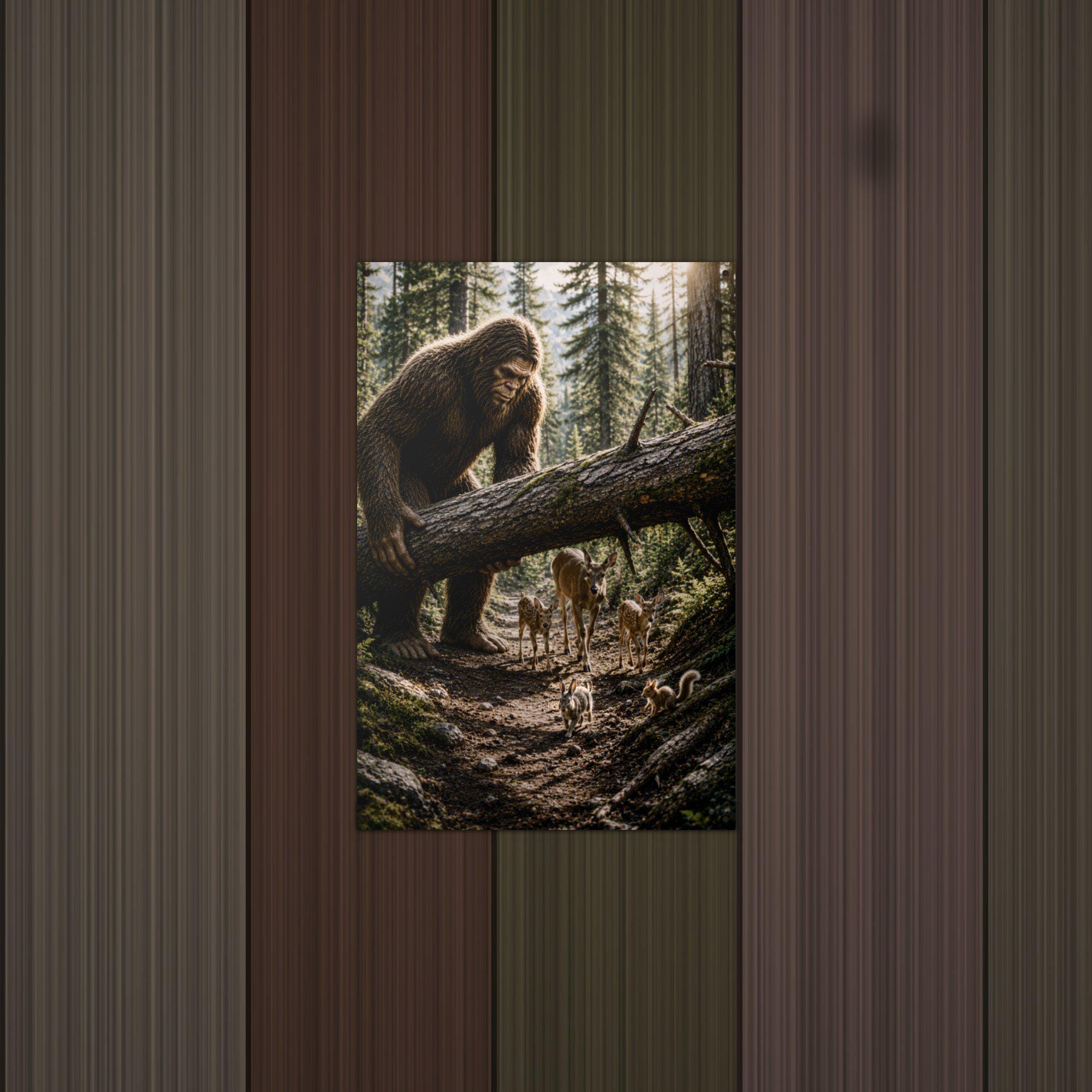 Bigfoot Lifting Fallen Log for Deer Metal Sig Bigfoot Aluminum Sign — lifestyle setting