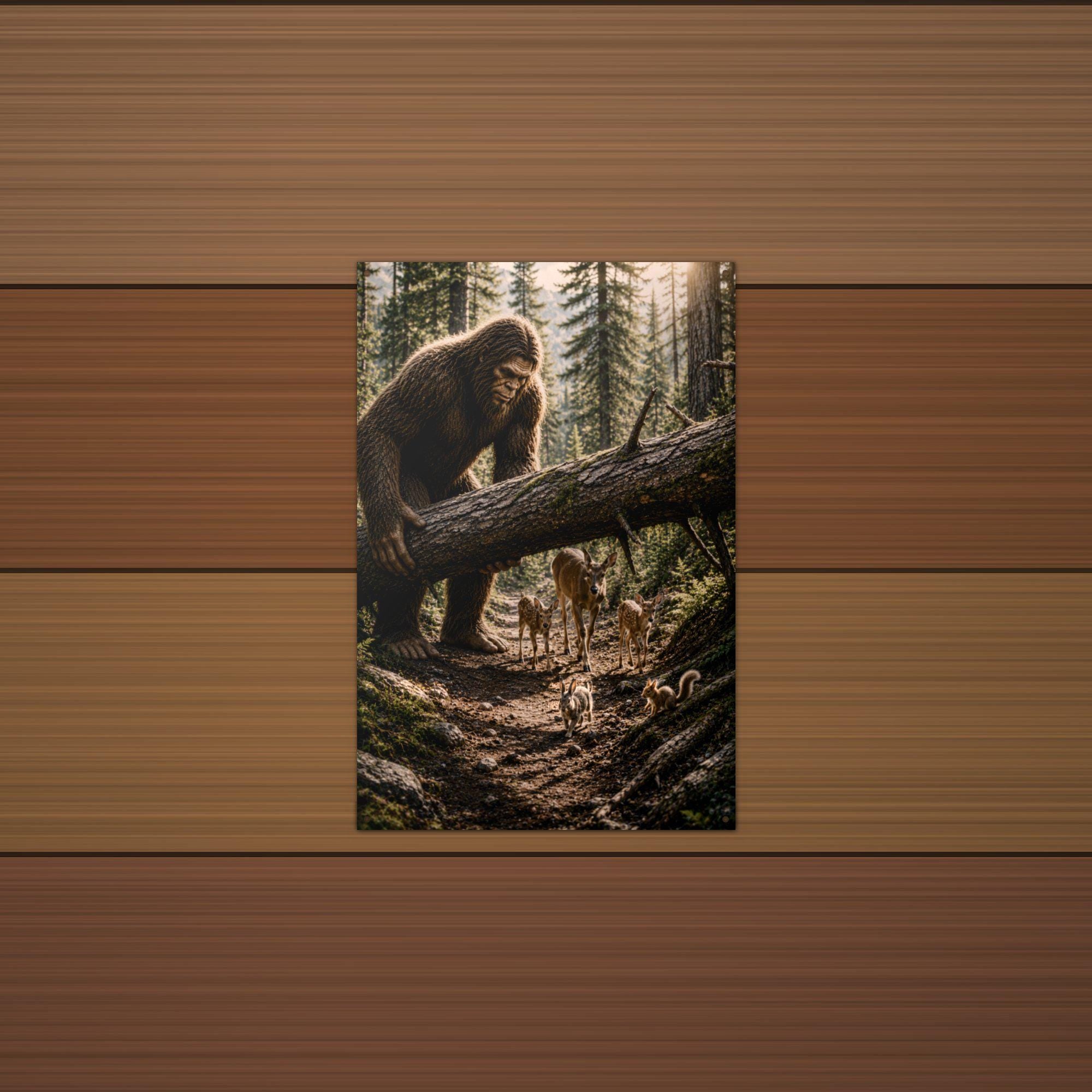 Bigfoot Lifting Fallen Log for Deer Metal Sig Bigfoot Aluminum Sign — detail view