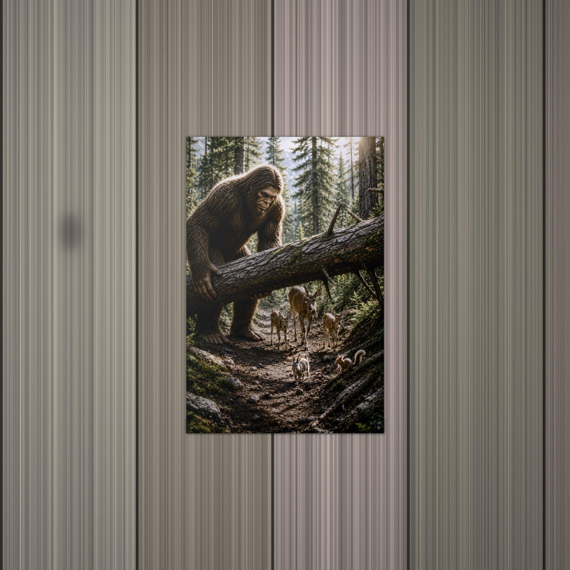 Bigfoot Lifting Fallen Log for Deer Metal Sig Bigfoot Aluminum Sign — alternate angle