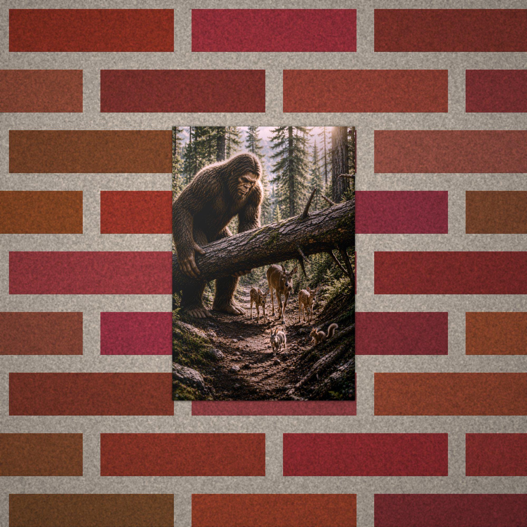 Bigfoot Lifting Fallen Log for Deer Metal Sig Bigfoot Aluminum Sign — alternate angle