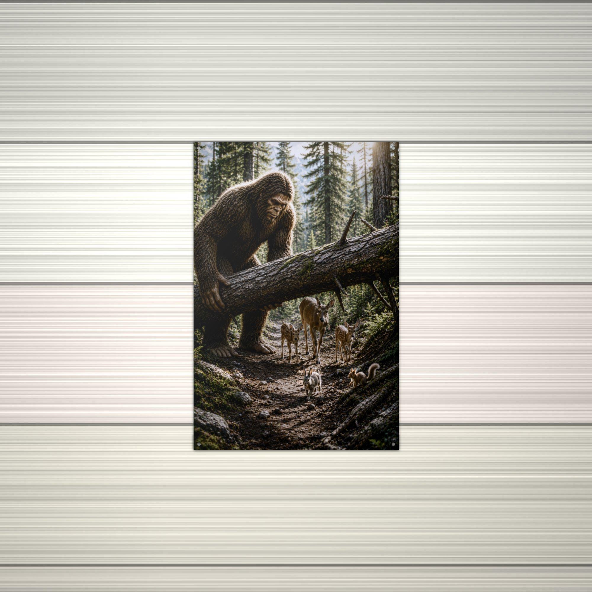 Bigfoot Lifting Fallen Log for Deer Metal Sig Bigfoot Aluminum Sign — alternate angle