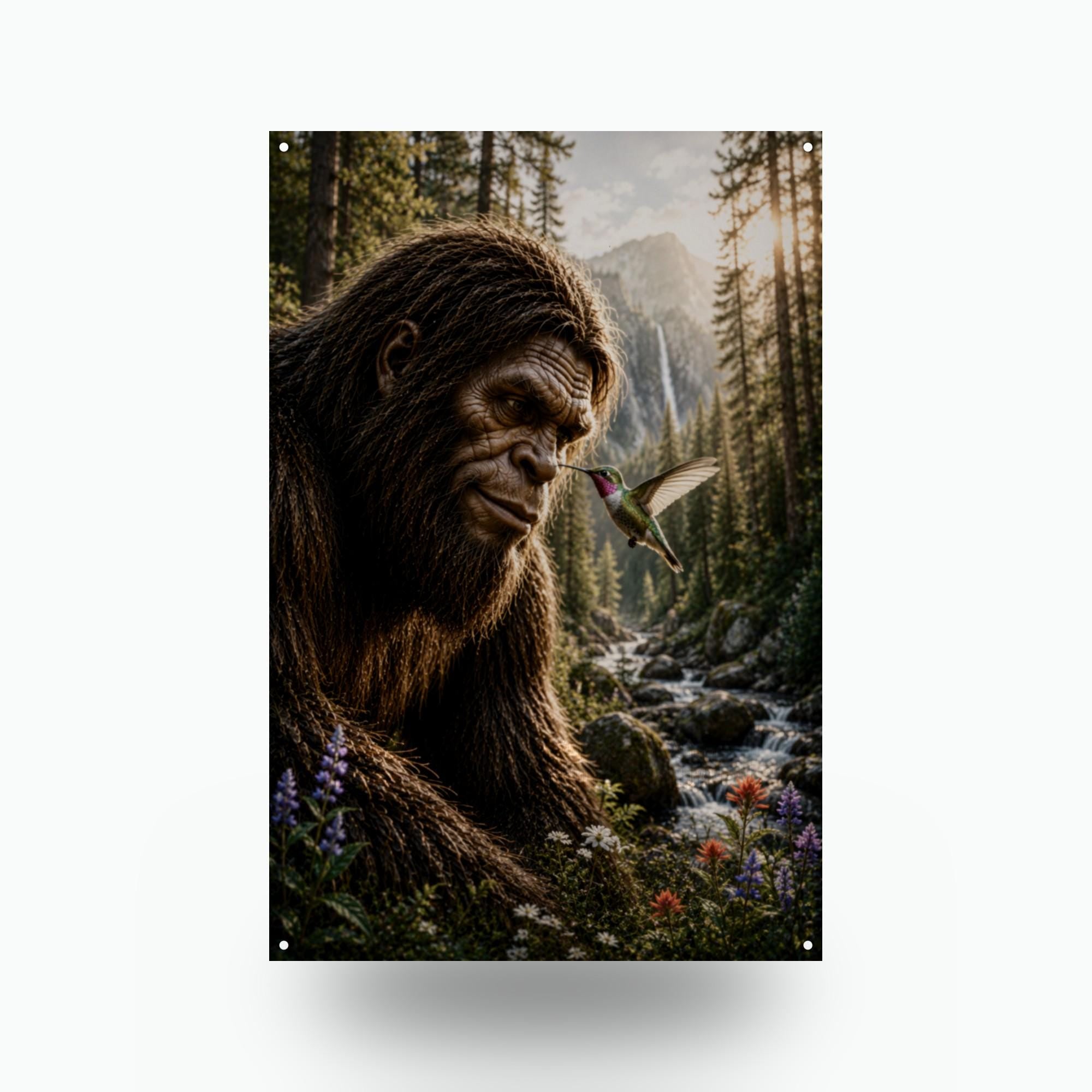 Bigfoot and Hummingbird Metal Sign Bigfoot Aluminum Sign — front view on white background