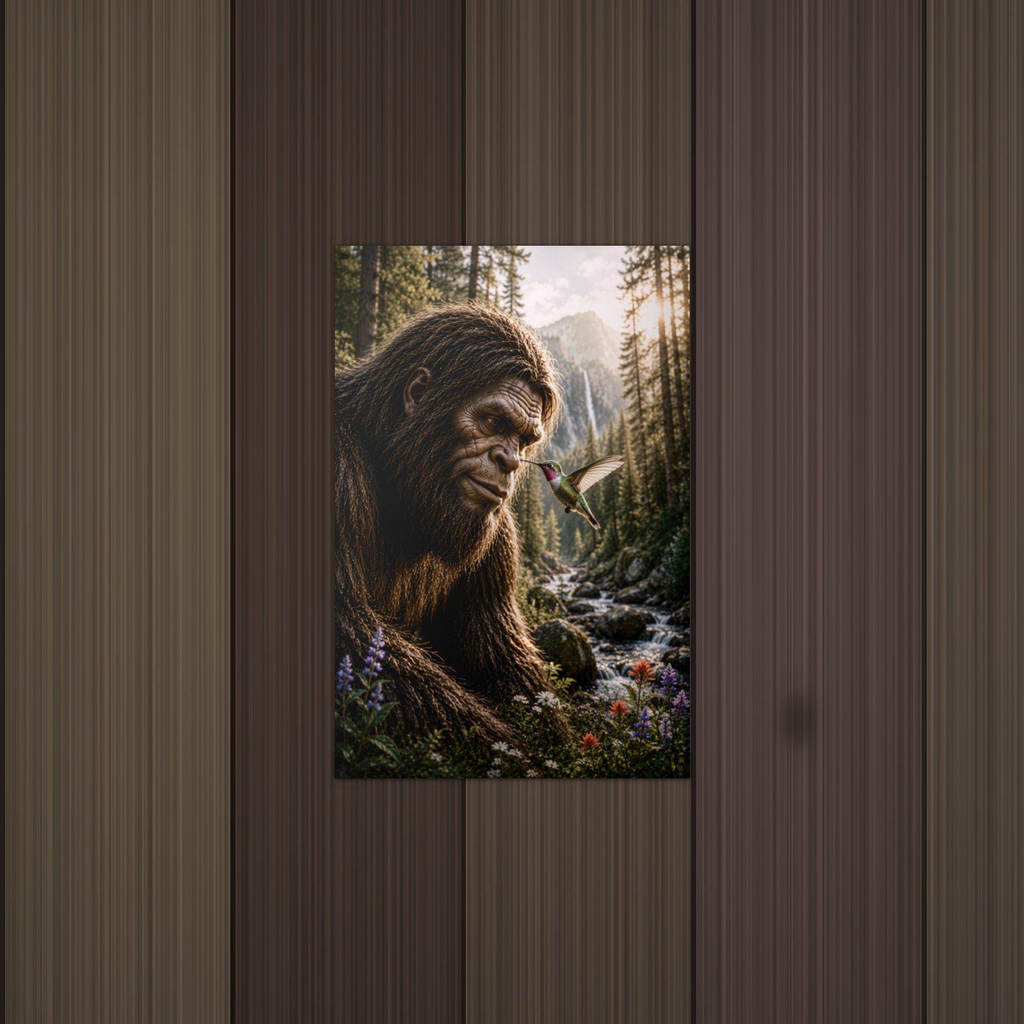 Bigfoot and Hummingbird Metal Sign Bigfoot Aluminum Sign — lifestyle setting
