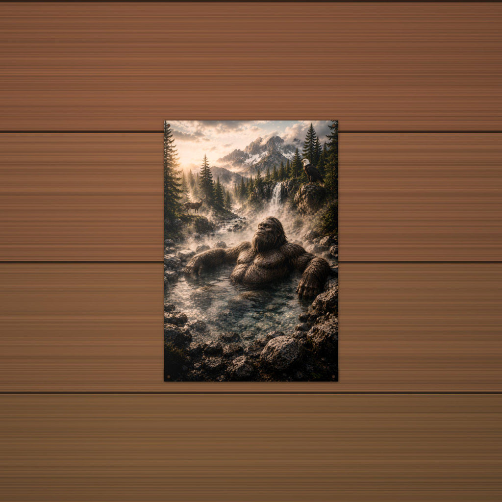 Hot Spring Soak Bigfoot Metal Sign Bigfoot Aluminum Sign — detail view