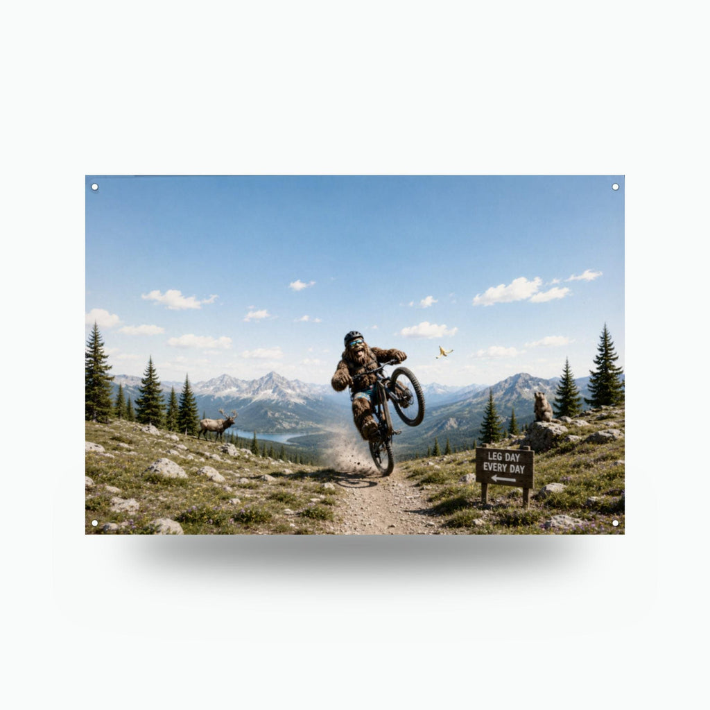 Mountain Bike Bigfoot Scenic Metal Sign Bigfoot Aluminum Sign — front view on white background