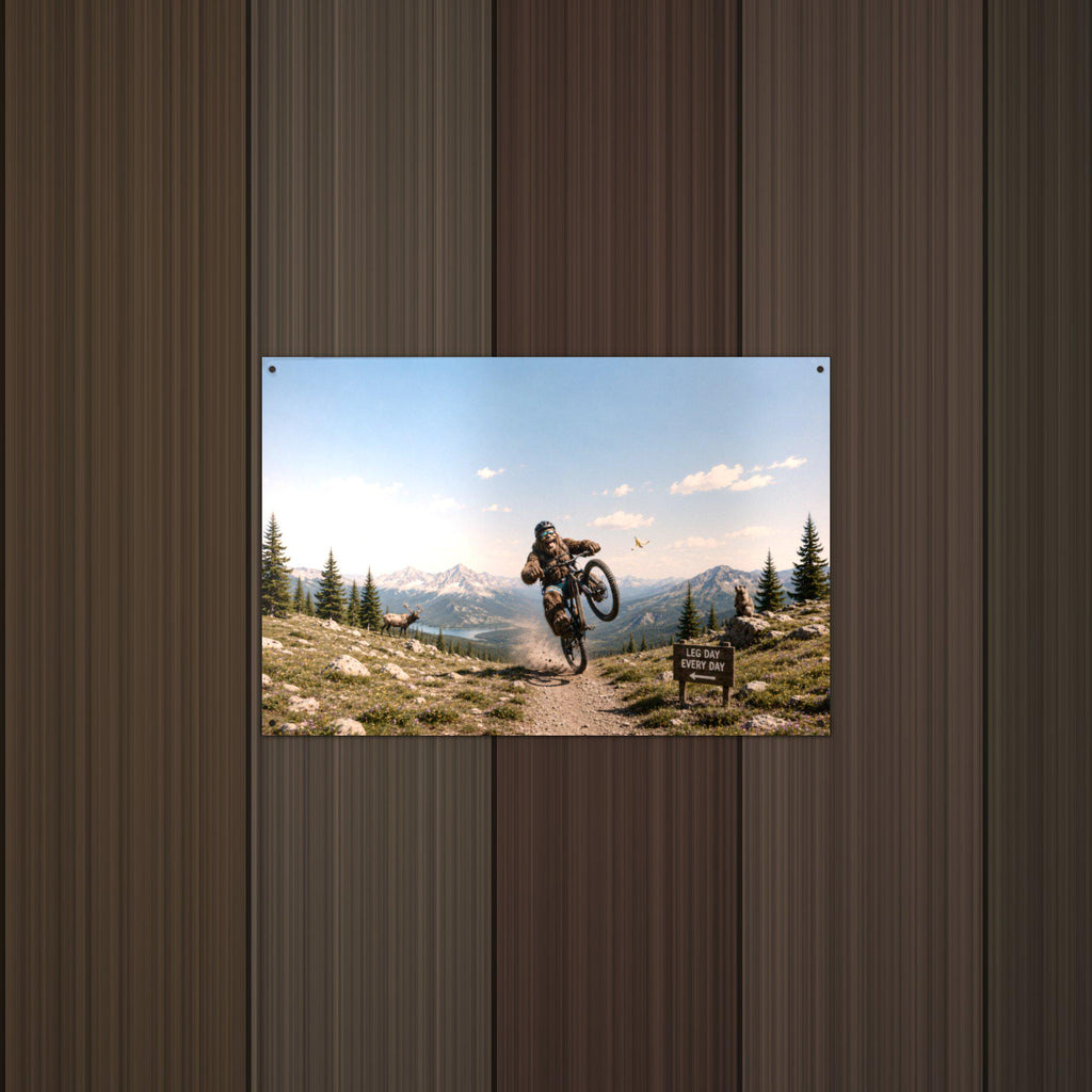 Mountain Bike Bigfoot Scenic Metal Sign Bigfoot Aluminum Sign — lifestyle setting
