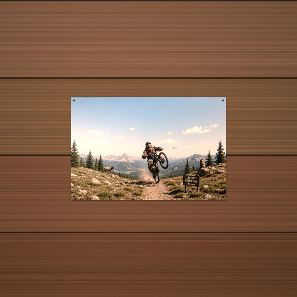 Mountain Bike Bigfoot Scenic Metal Sign Bigfoot Aluminum Sign — detail view