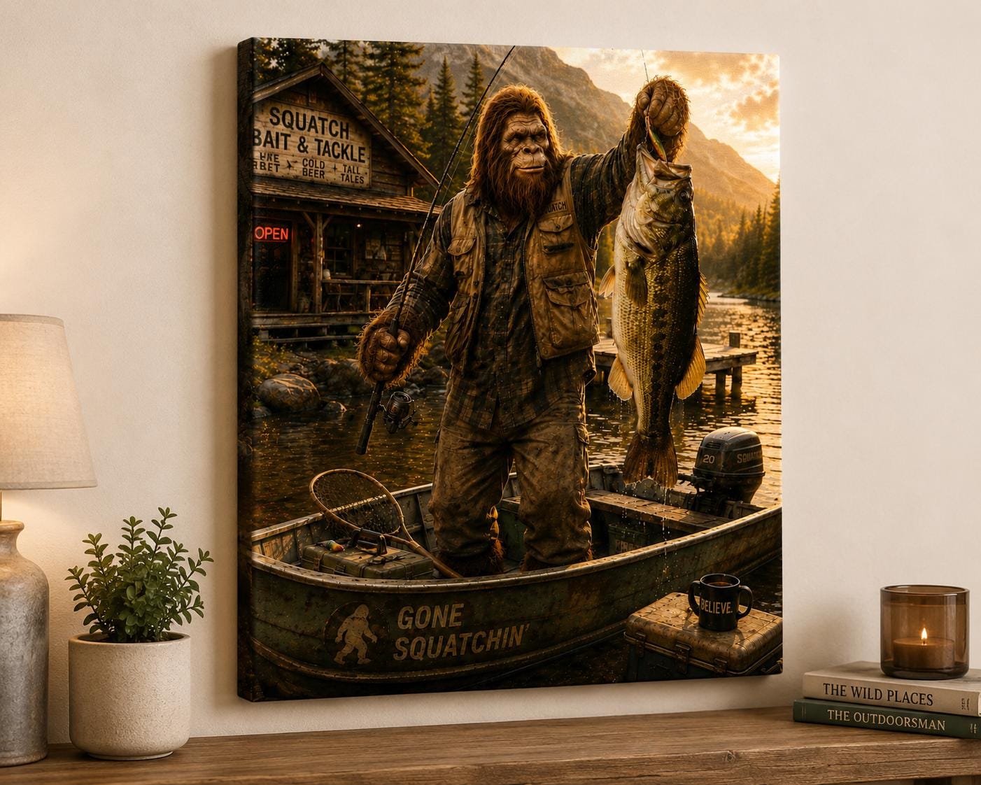 Fisherman Bigfoot Canvas Print Canvas Print — front view on white background