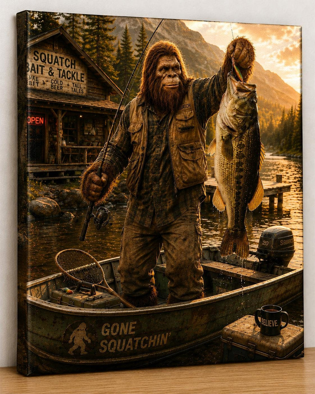 Fisherman Bigfoot Canvas Print Canvas Print — shown on a rustic wall