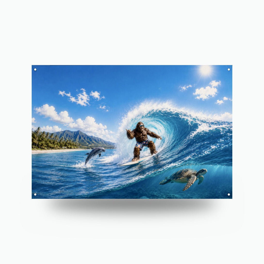 Surfing Bigfoot Metal Sign Bigfoot Aluminum Sign — front view on white background