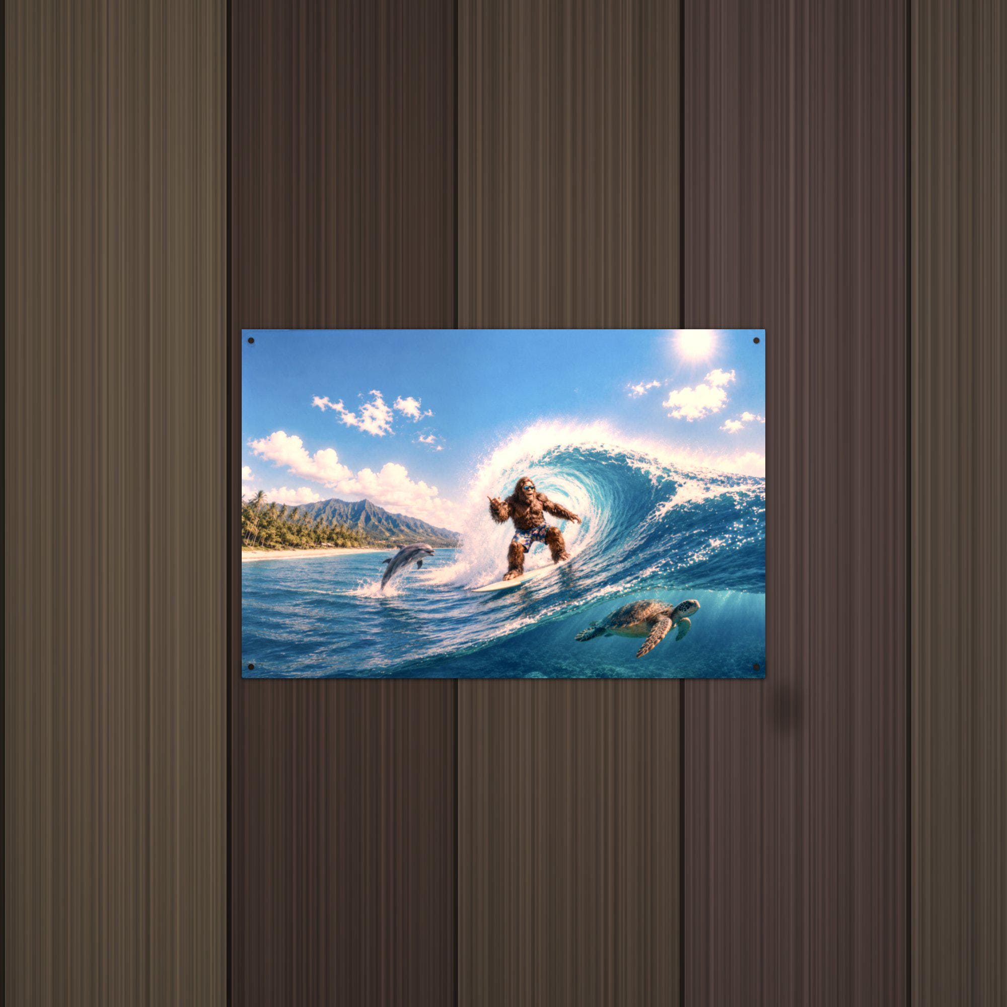 Surfing Bigfoot Metal Sign Bigfoot Aluminum Sign — lifestyle setting