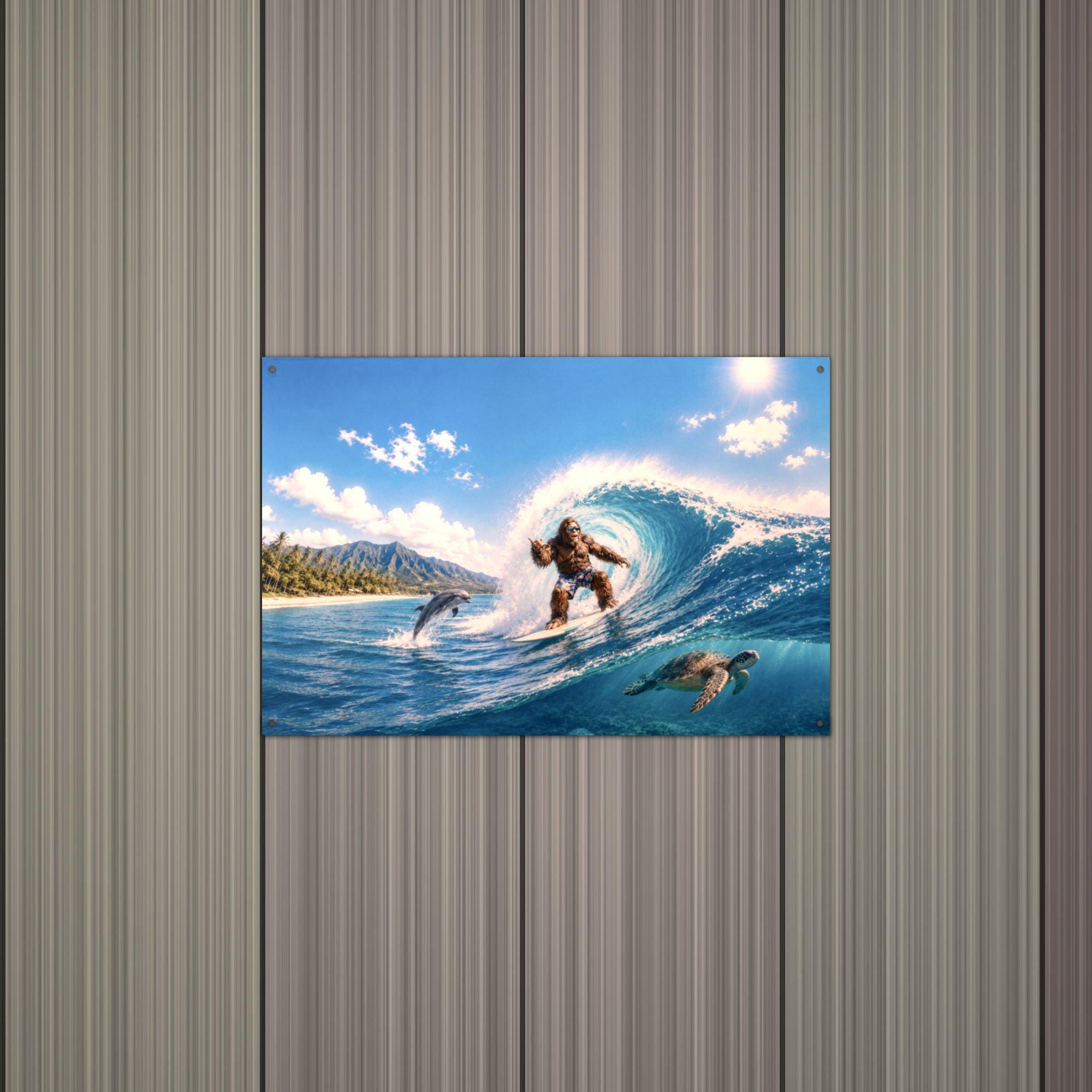 Surfing Bigfoot Metal Sign Bigfoot Aluminum Sign — alternate angle