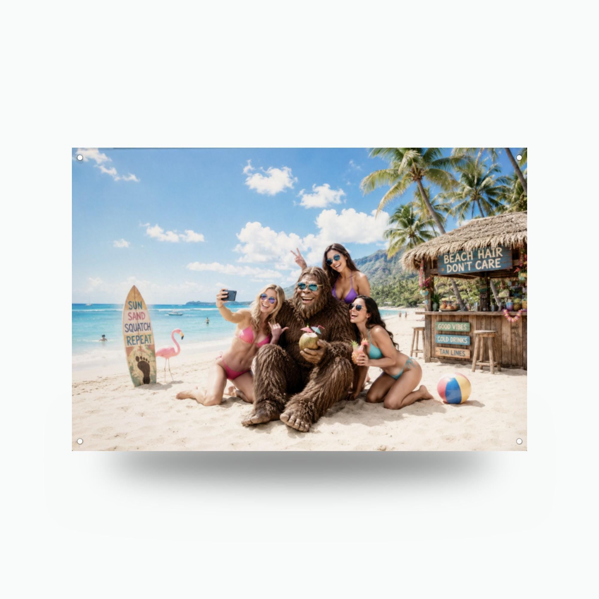 Beach Selfie Bigfoot Metal Sign Bigfoot Aluminum Sign — front view on white background