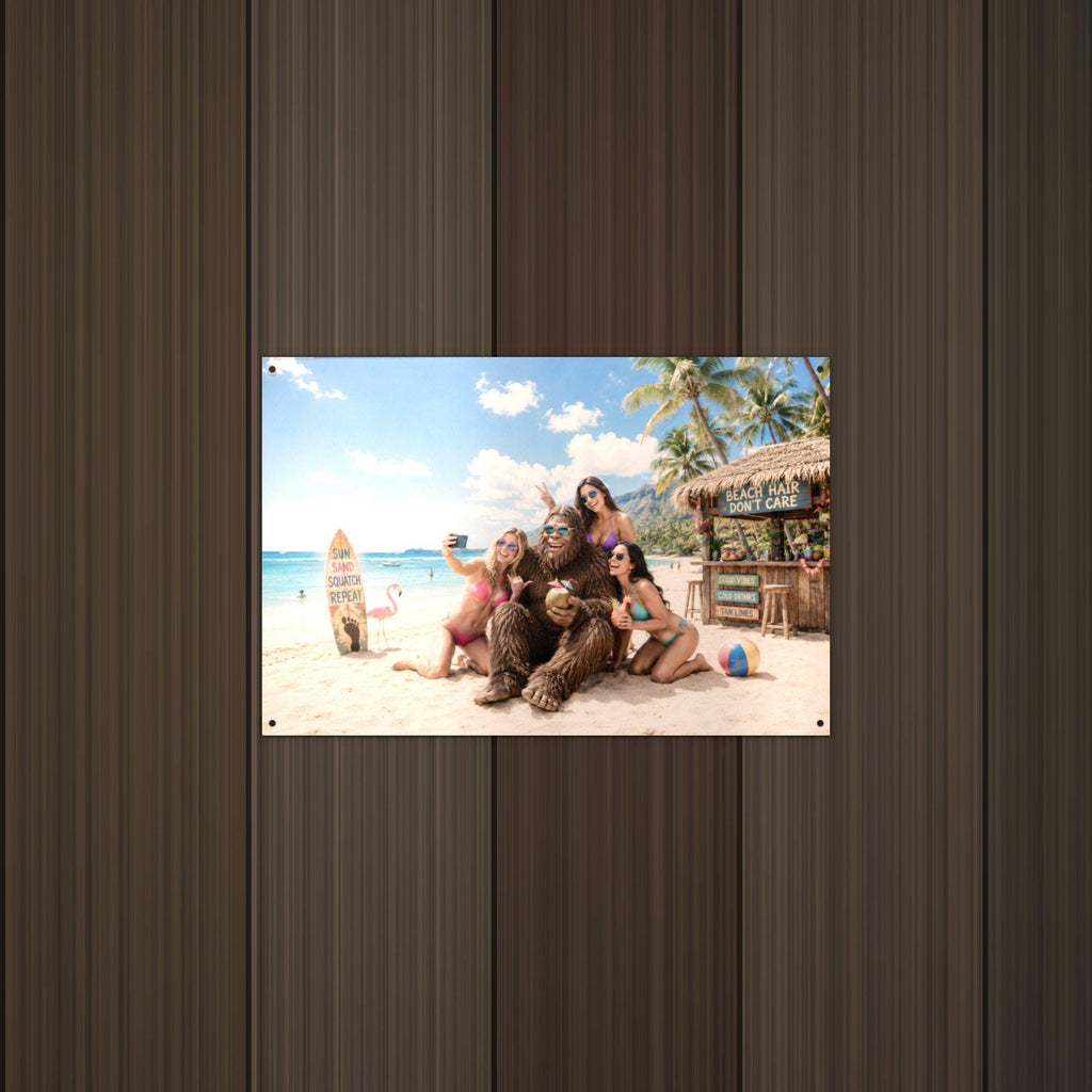 Beach Selfie Bigfoot Metal Sign Bigfoot Aluminum Sign — lifestyle setting